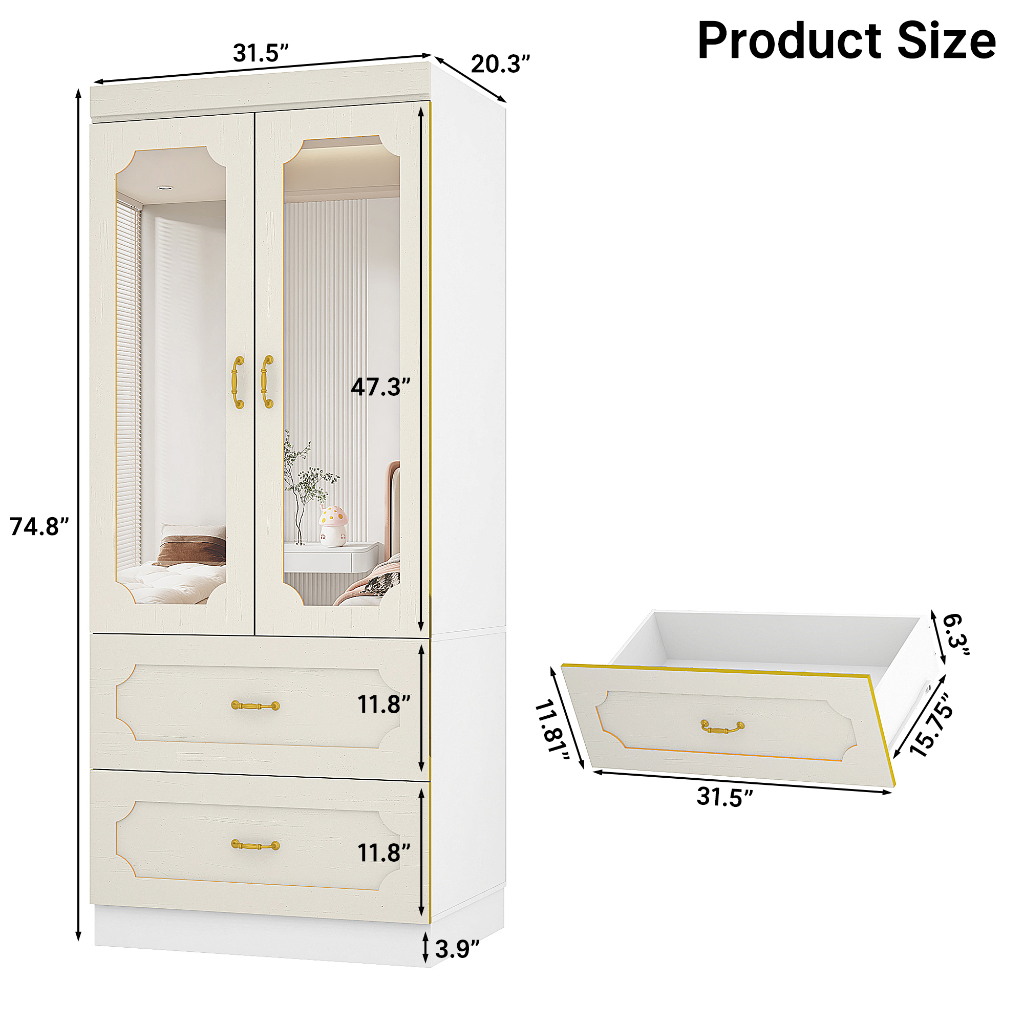 Blotout 74.8" Armoire Wardrobe Closet with 2 Drawers and Mirror, LED Clothing Storage Cabinet with Hanging Rod, 2 Doors Wooden Wardrobe Cabinet for Bedroom