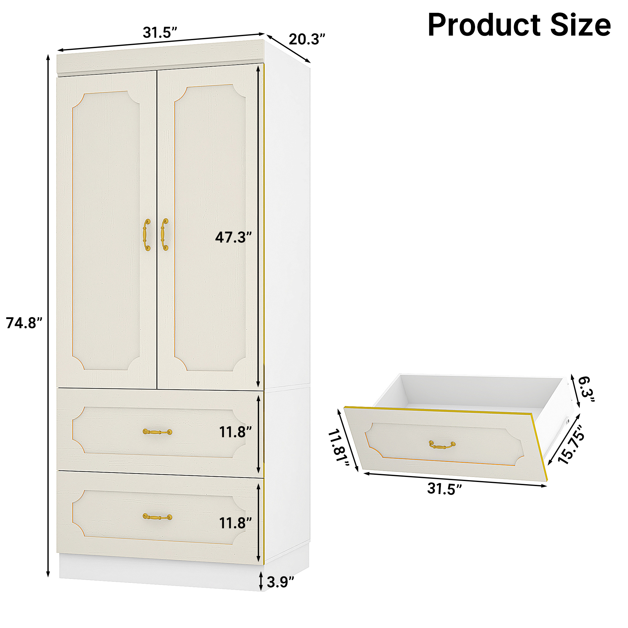 Blotout 74.8" Armoire Wardrobe Closet with 2 Drawers, LED Clothing Storage Cabinet with Hanging Rod, 2 Doors Wooden Wardrobe Cabinet for Bedroom