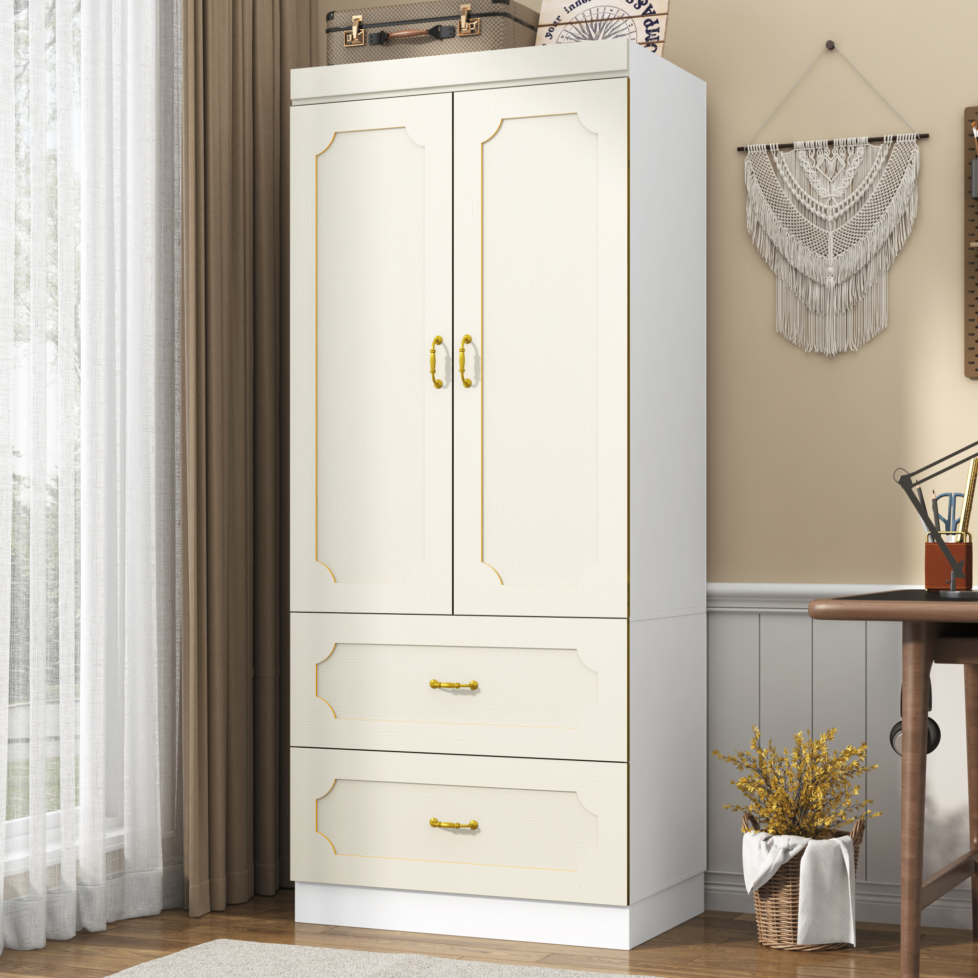 Blotout 74.8" Armoire Wardrobe Closet with 2 Drawers, LED Clothing Storage Cabinet with Hanging Rod, 2 Doors Wooden Wardrobe Cabinet for Bedroom