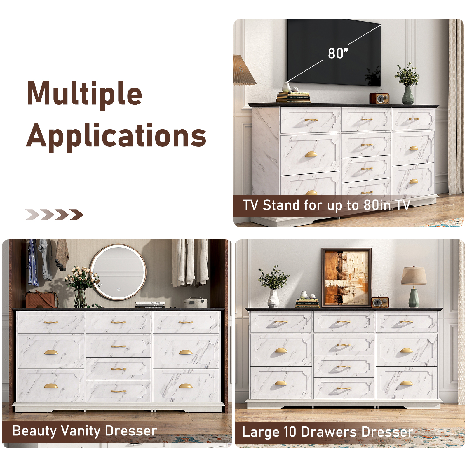 Blotout Luxury 10 Drawer Dresser, Marble White Dresser for Bedroom, 70" Wood Dressers TV Stand with Charging Station & Gold Handle, Modern Wood Dressers & Chests of Drawers