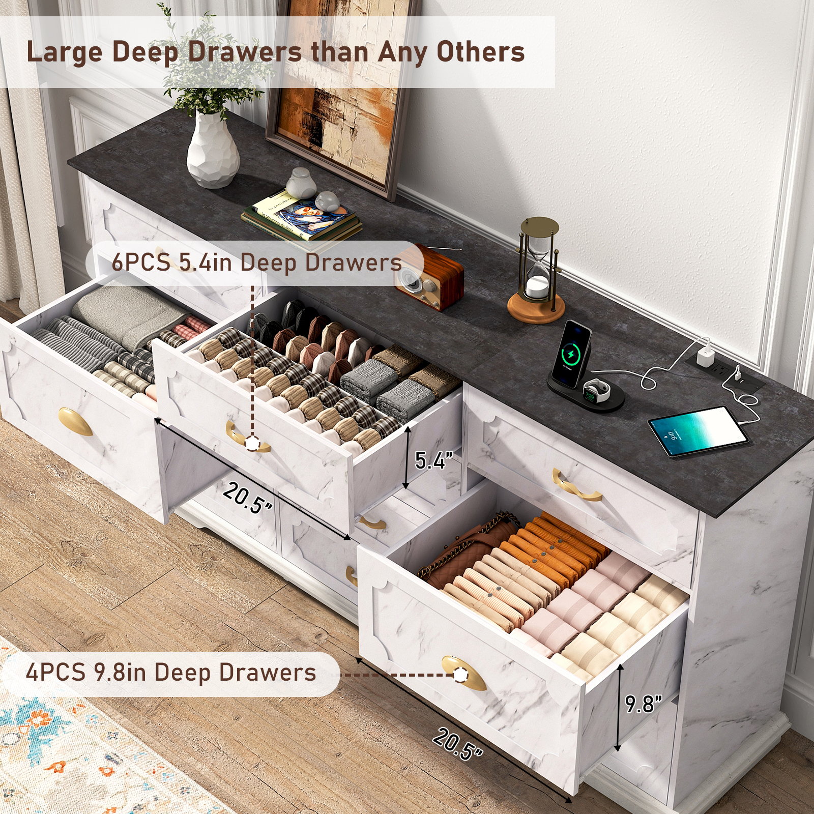 Blotout Luxury 10 Drawer Dresser, Marble White Dresser for Bedroom, 70" Wood Dressers TV Stand with Charging Station & Gold Handle, Modern Wood Dressers & Chests of Drawers