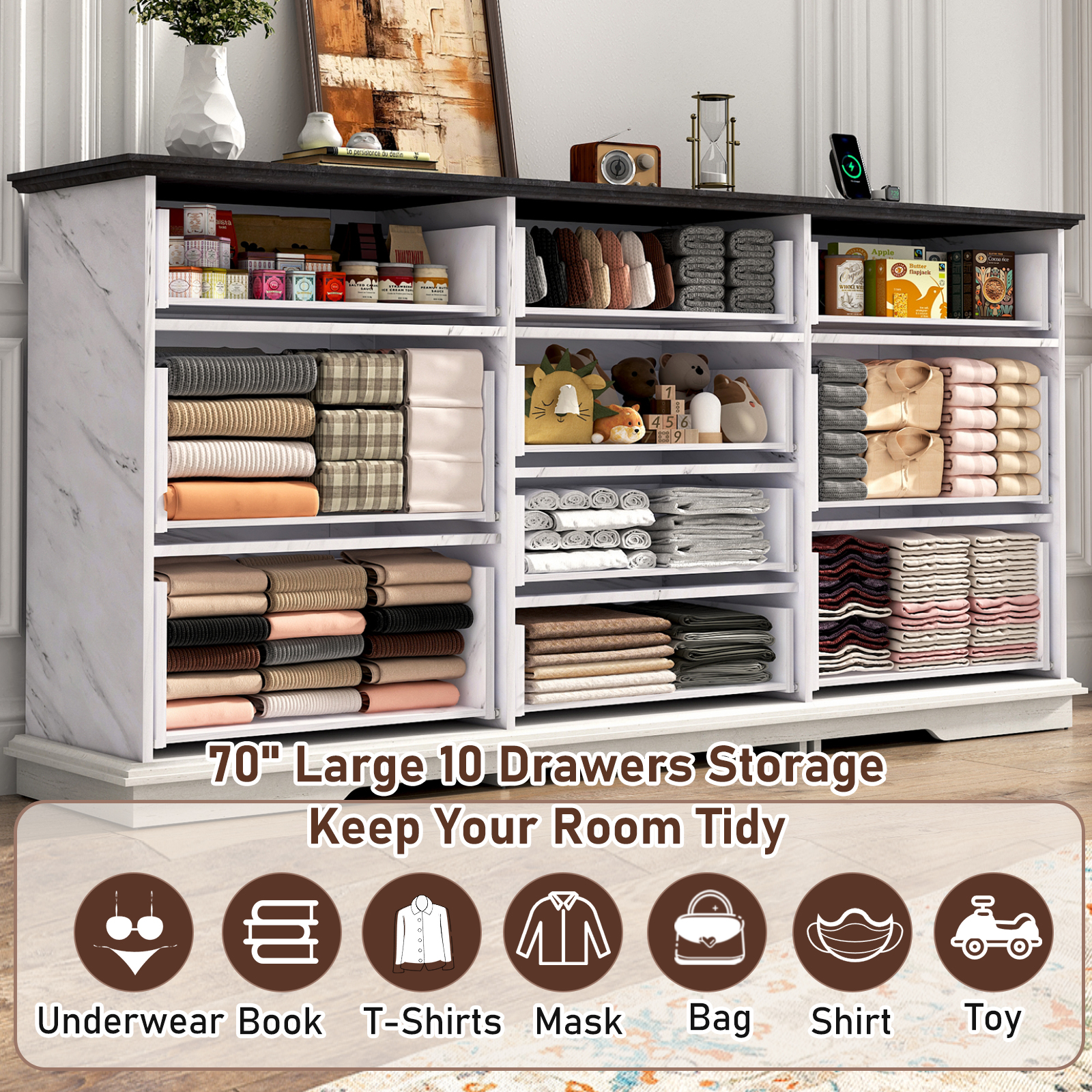 Blotout Luxury 10 Drawer Dresser, Marble White Dresser for Bedroom, 70" Wood Dressers TV Stand with Charging Station & Gold Handle, Modern Wood Dressers & Chests of Drawers