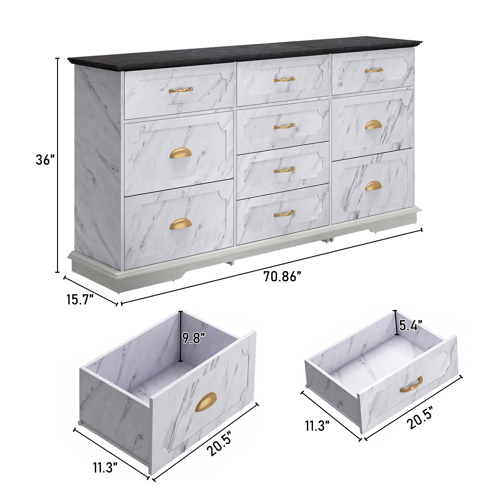 Blotout Luxury 10 Drawer Dresser, Marble White Dresser for Bedroom, 70" Wood Dressers TV Stand with Charging Station & Gold Handle, Modern Wood Dressers & Chests of Drawers