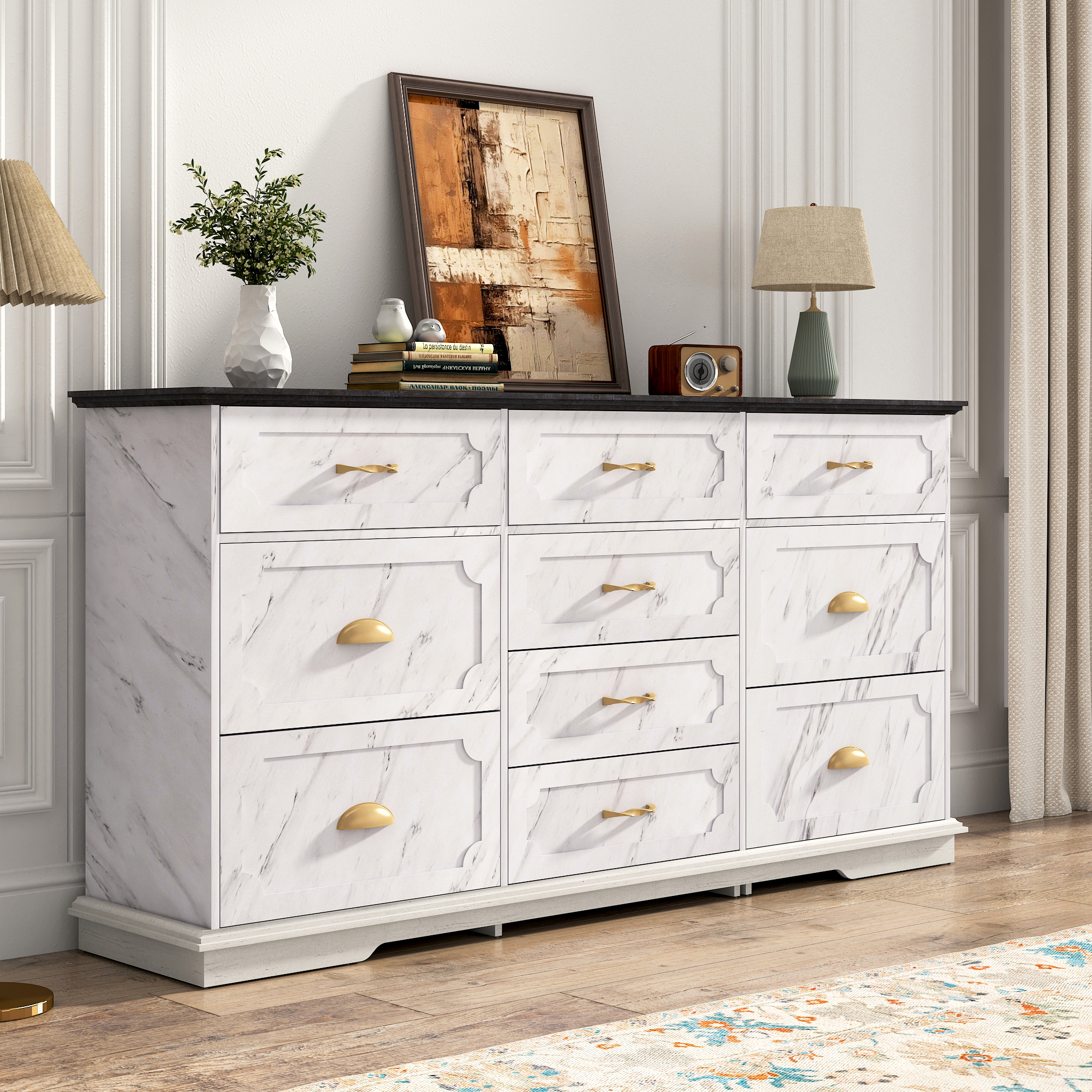 Blotout Luxury 10 Drawer Dresser, Marble White Dresser for Bedroom, 70" Wood Dressers TV Stand with Charging Station & Gold Handle, Modern Wood Dressers & Chests of Drawers