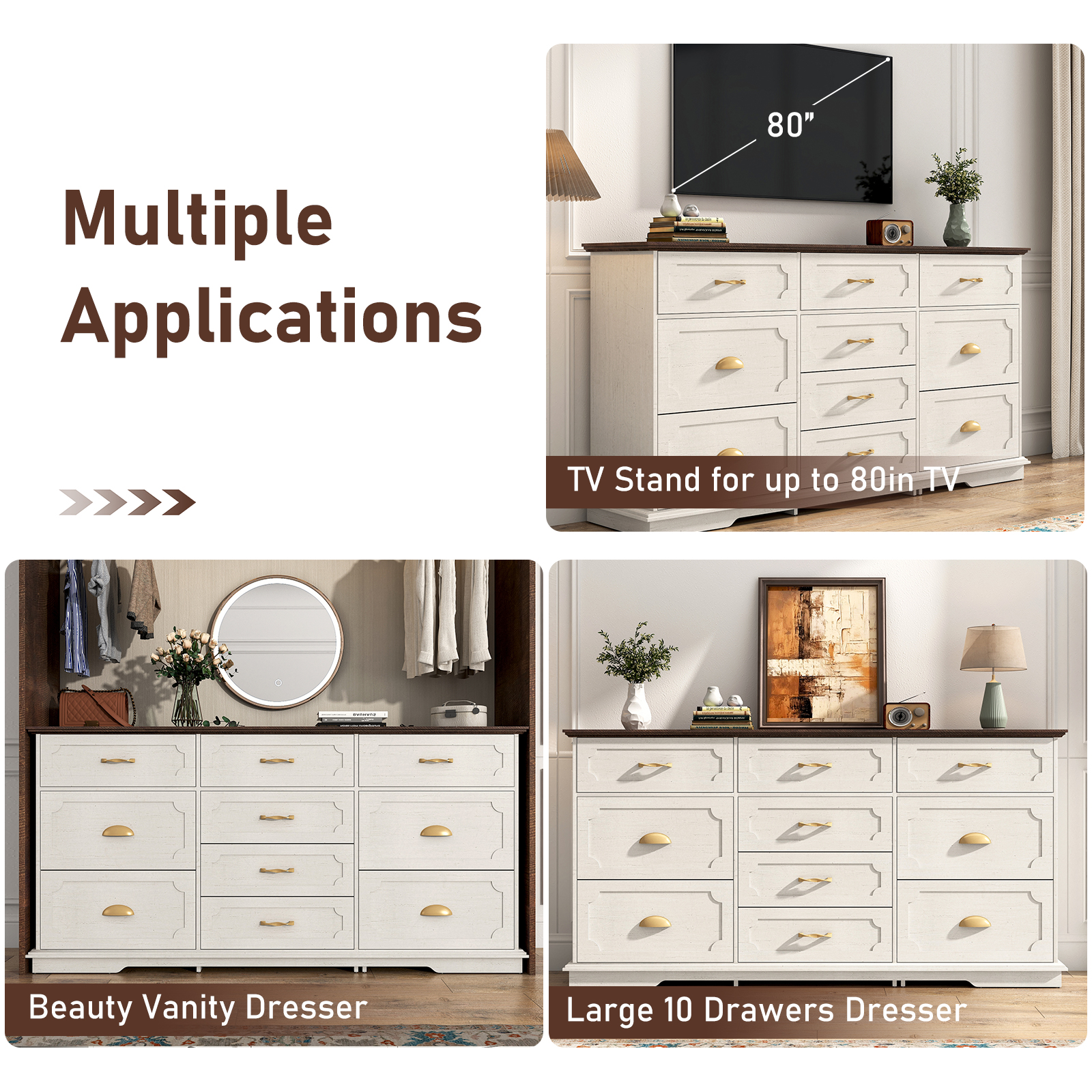 Blotout Luxury 10 Drawer Dresser, White Dresser for Bedroom, 70" Wood Dressers TV Stand with Charging Station & Gold Handle, Modern Wood Dressers & Chests of Drawers