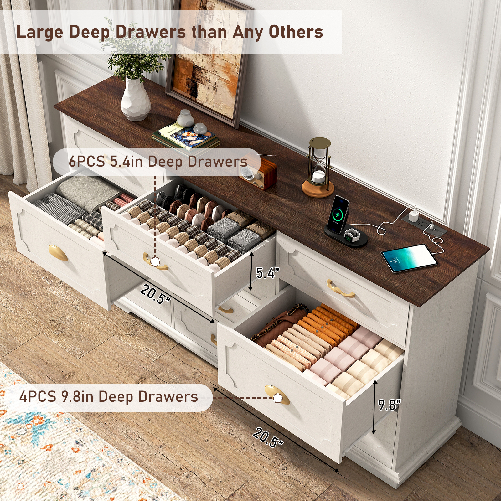 Blotout Luxury 10 Drawer Dresser, White Dresser for Bedroom, 70" Wood Dressers TV Stand with Charging Station & Gold Handle, Modern Wood Dressers & Chests of Drawers