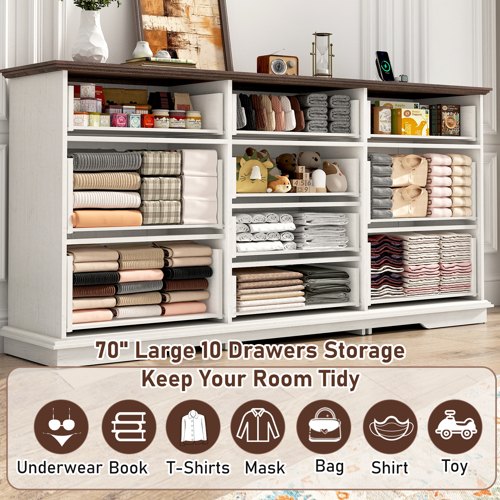 Blotout Luxury 10 Drawer Dresser, White Dresser for Bedroom, 70" Wood Dressers TV Stand with Charging Station & Gold Handle, Modern Wood Dressers & Chests of Drawers