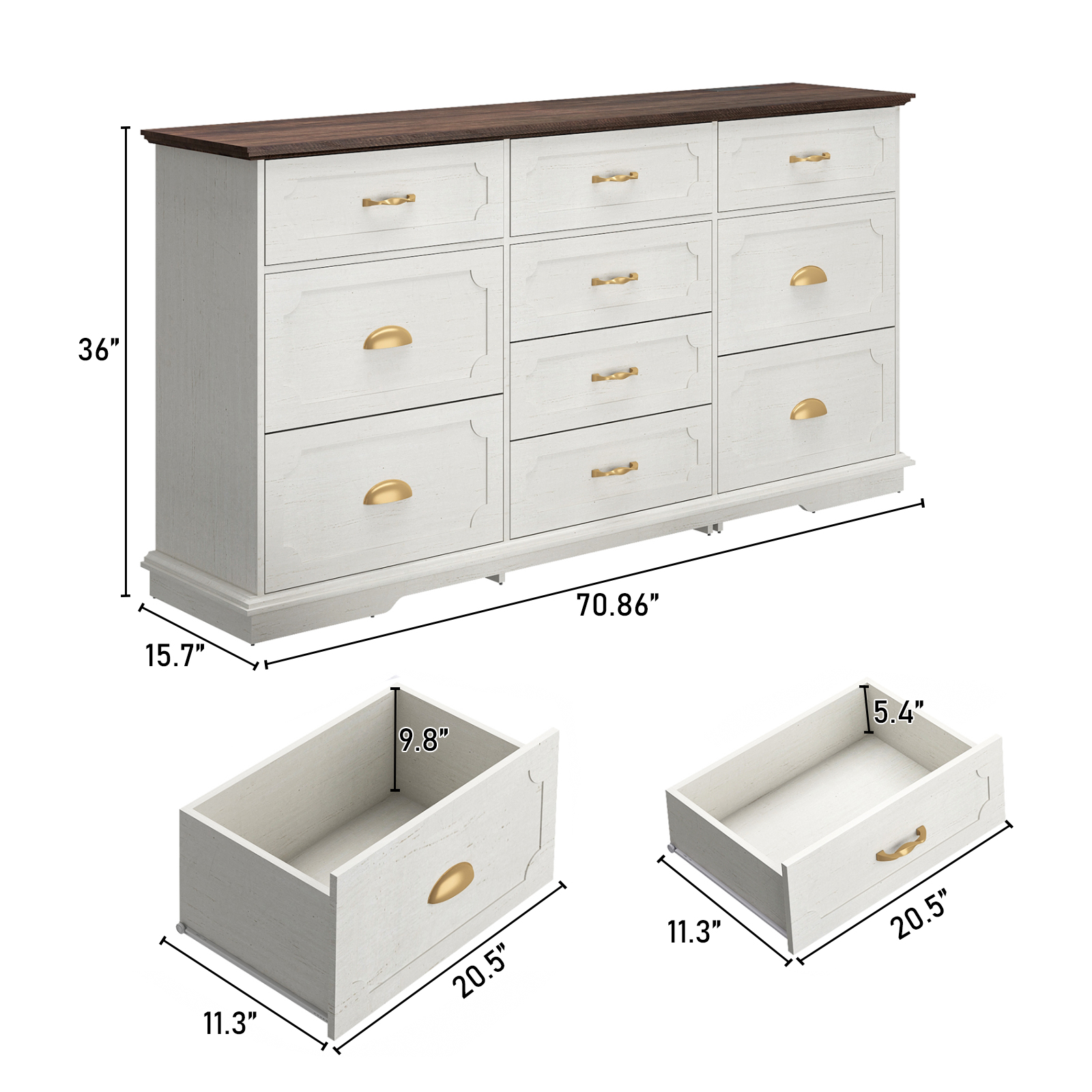 Blotout Luxury 10 Drawer Dresser, White Dresser for Bedroom, 70" Wood Dressers TV Stand with Charging Station & Gold Handle, Modern Wood Dressers & Chests of Drawers