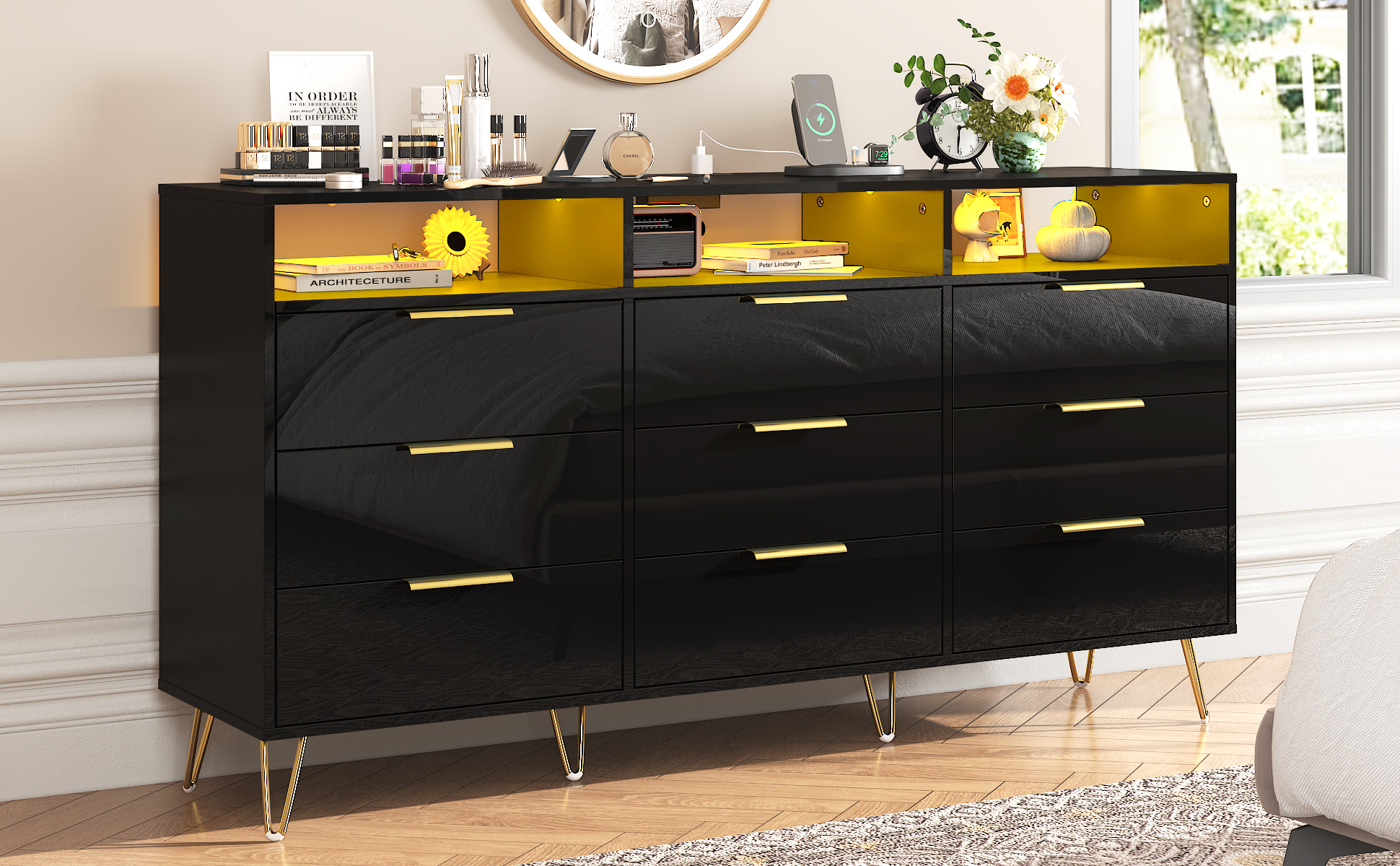 Blotout 9 Drawer Dresser with Charging Station, Modern Long Dressers & Chests of Drawers, Wood Dresser with LED Lights for Bedroom, Living Room, Hallway