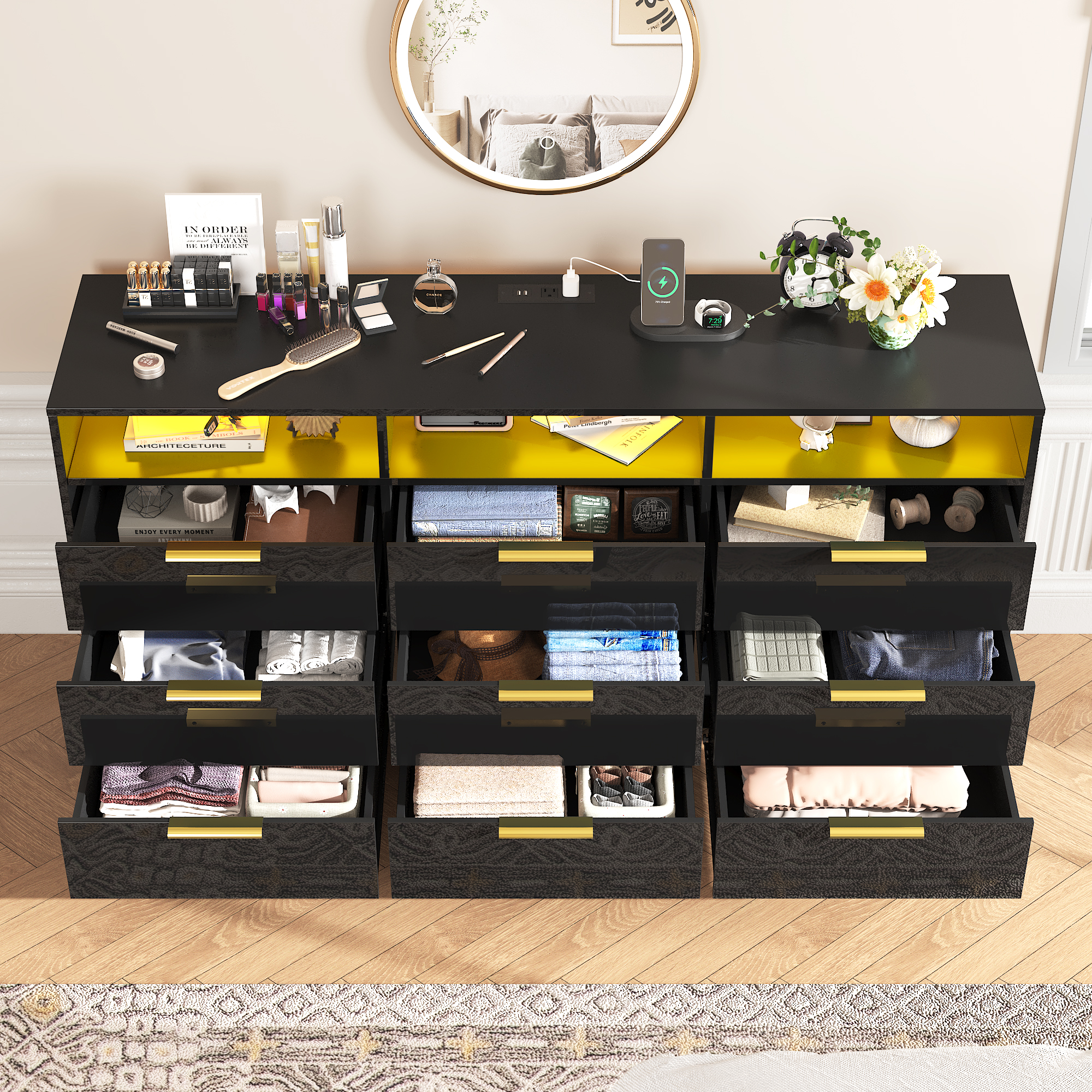 Blotout 9 Drawer Dresser with Charging Station, Modern Long Dressers & Chests of Drawers, Wood Dresser with LED Lights for Bedroom, Living Room, Hallway