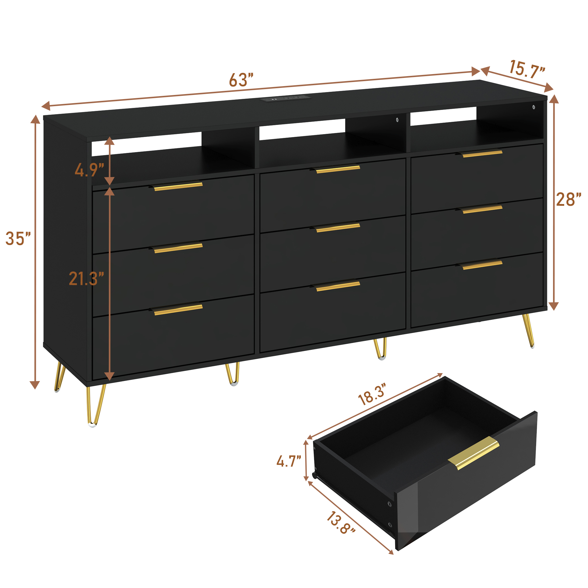 Blotout 9 Drawer Dresser with Charging Station, Modern Long Dressers & Chests of Drawers, Wood Dresser with LED Lights for Bedroom, Living Room, Hallway