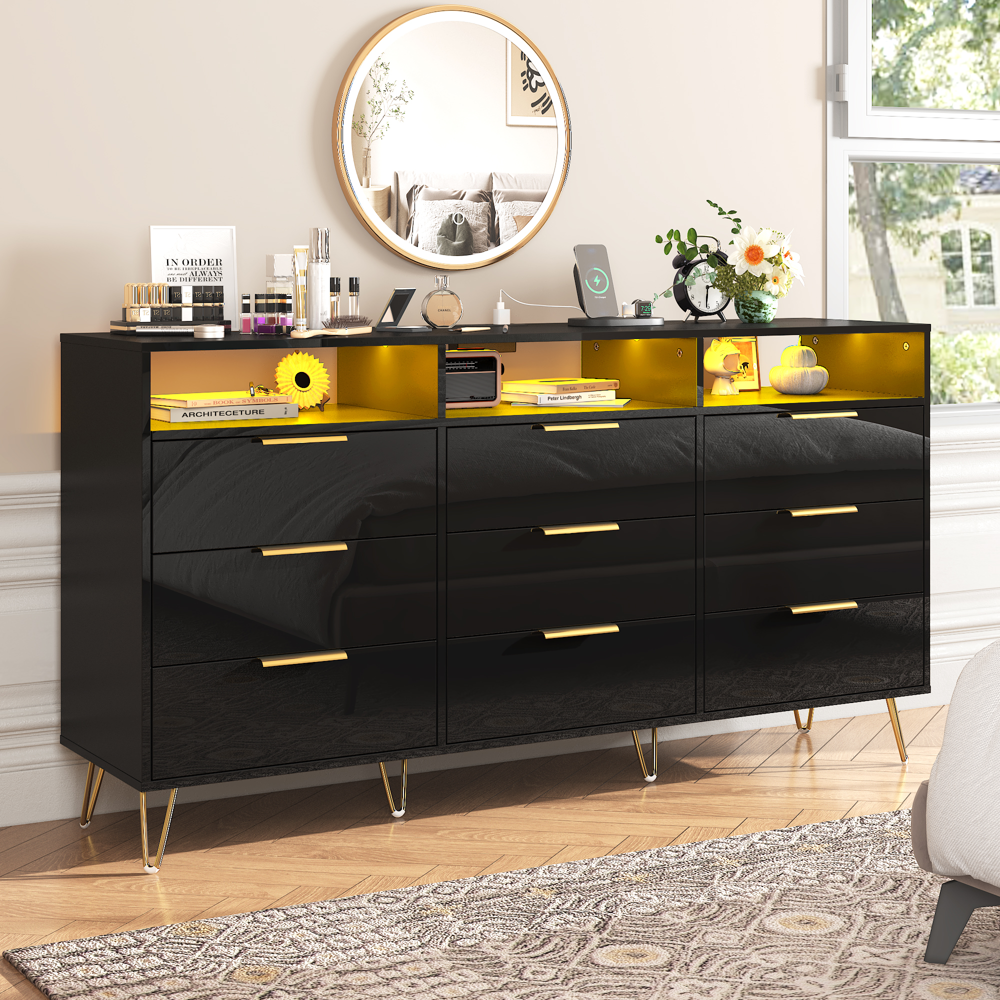 Blotout 9 Drawer Dresser with Charging Station, Modern Long Dressers & Chests of Drawers, Wood Dresser with LED Lights for Bedroom, Living Room, Hallway