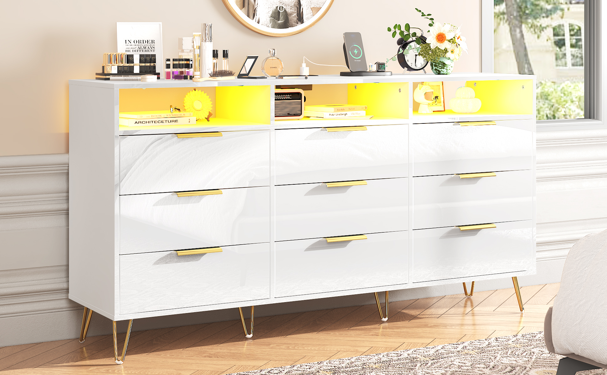 Blotout 9 Drawer Dresser with Charging Station, Modern Long Dressers & Chests of Drawers, Wood Dresser with LED Lights for Bedroom, Living Room, Hallway