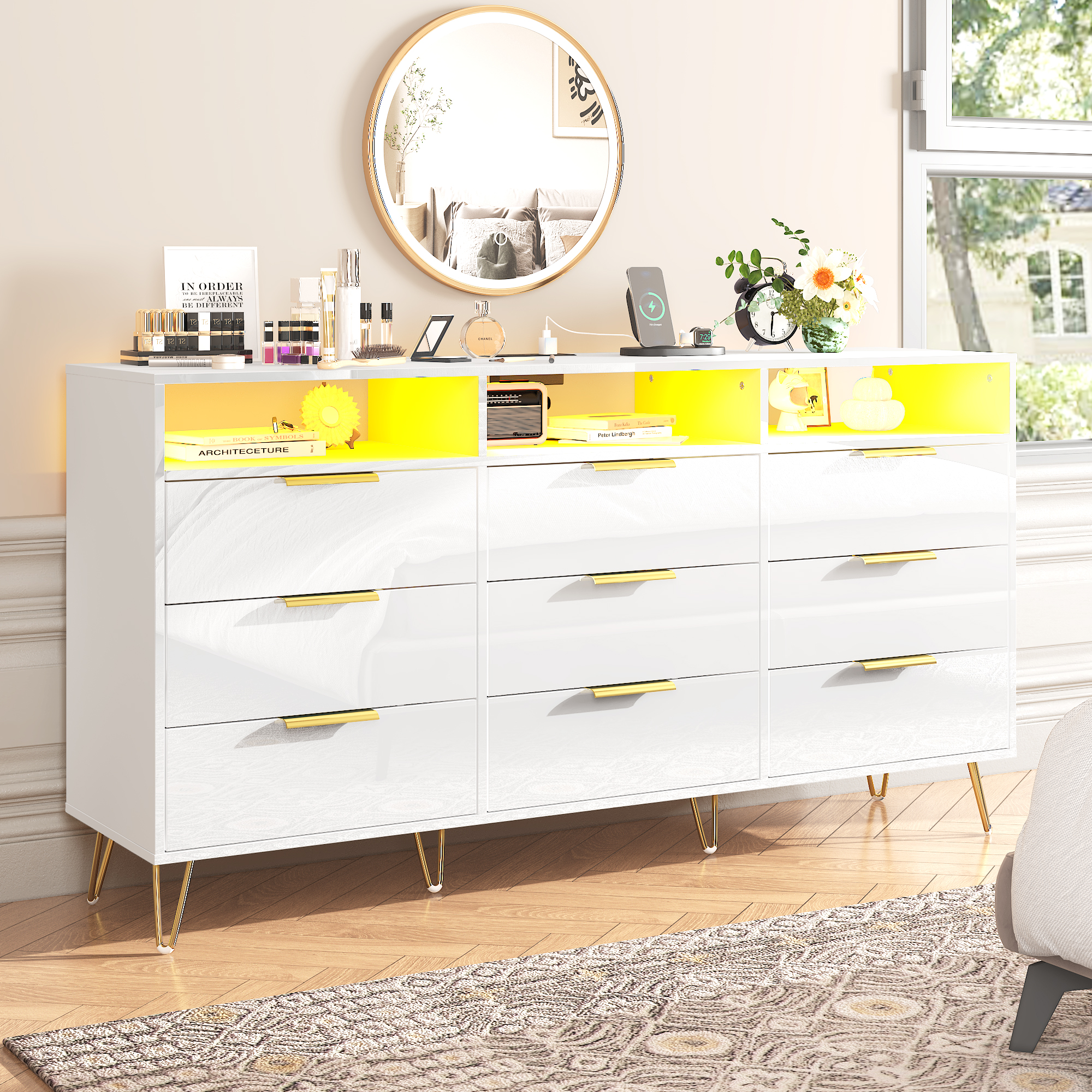 Blotout 9 Drawer Dresser with Charging Station, Modern Long Dressers & Chests of Drawers, Wood Dresser with LED Lights for Bedroom, Living Room, Hallway