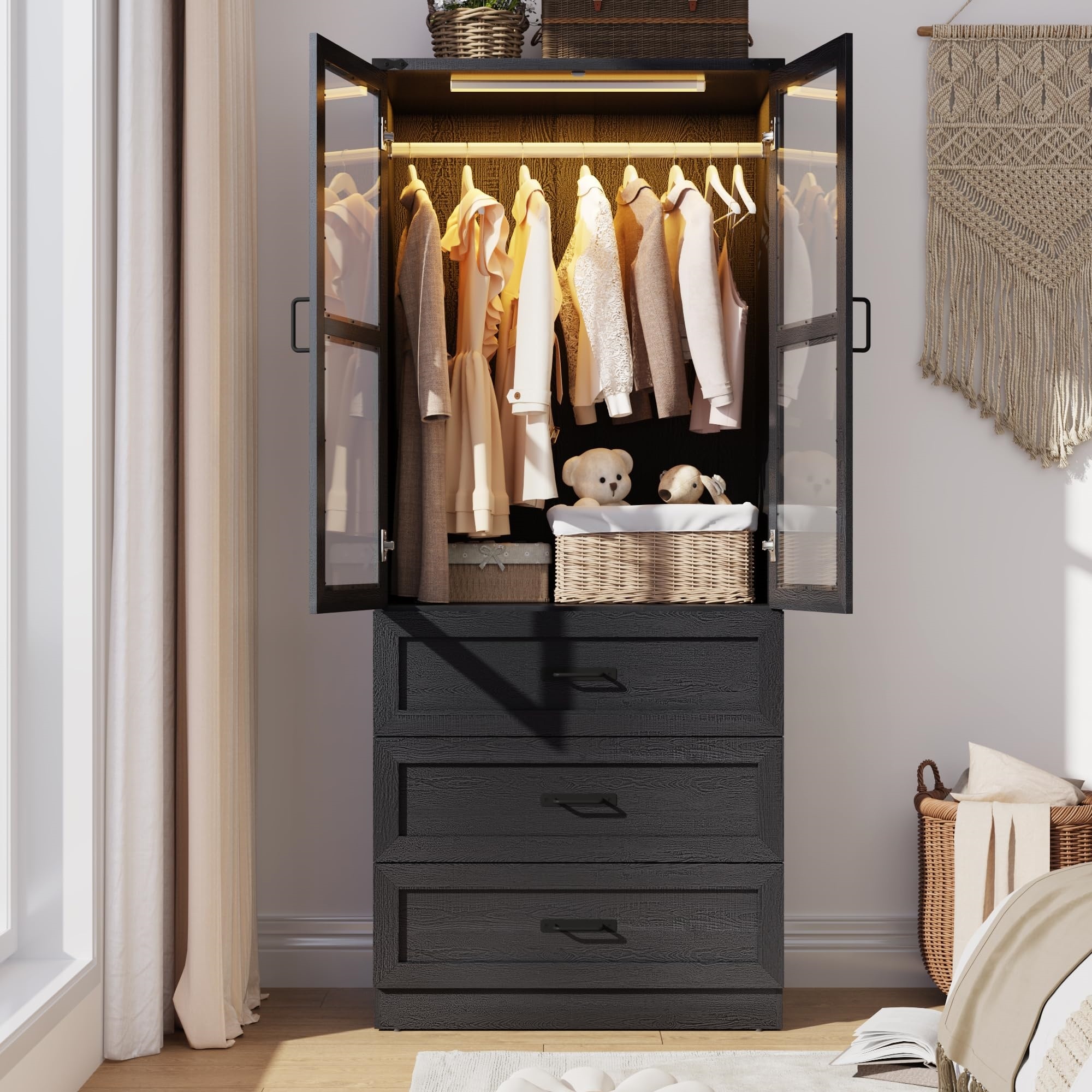 Blotout 75" H Wardrobe Closet with LED Light 3 Drawer