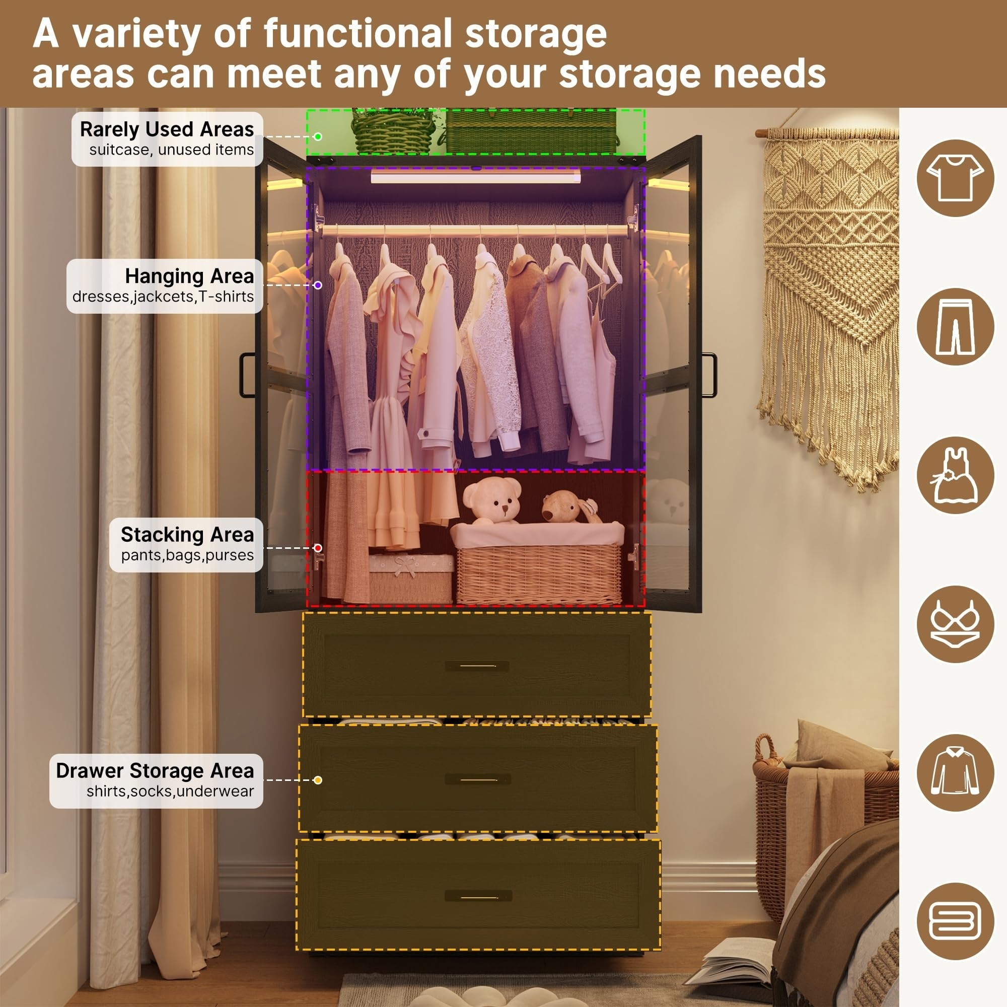 Blotout 75" H Wardrobe Closet with LED Light 3 Drawer