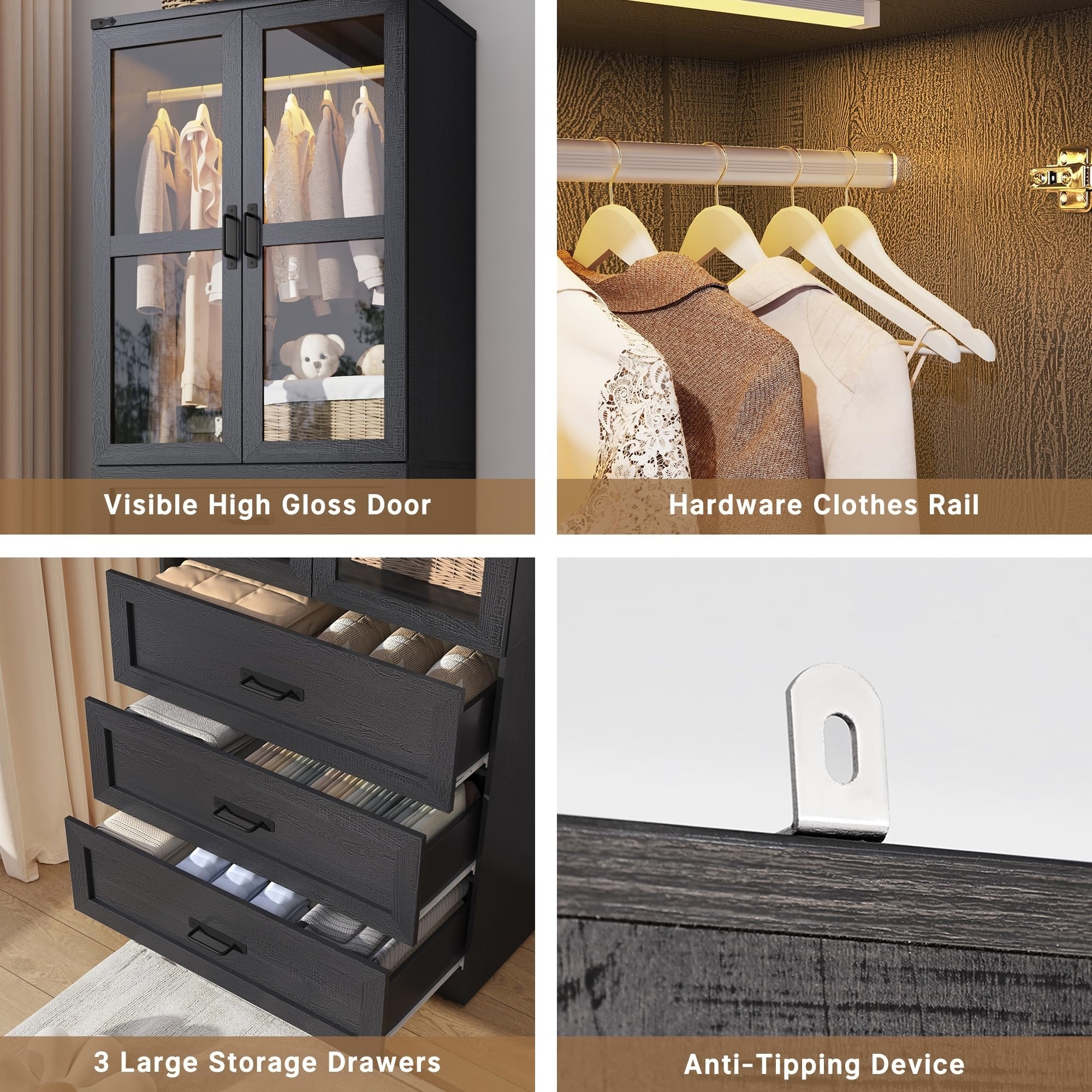 Blotout 75" H Wardrobe Closet with LED Light 3 Drawer