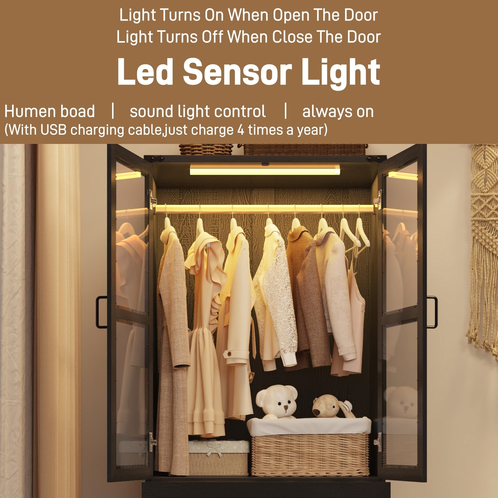 Blotout 75" H Wardrobe Closet with LED Light 3 Drawer