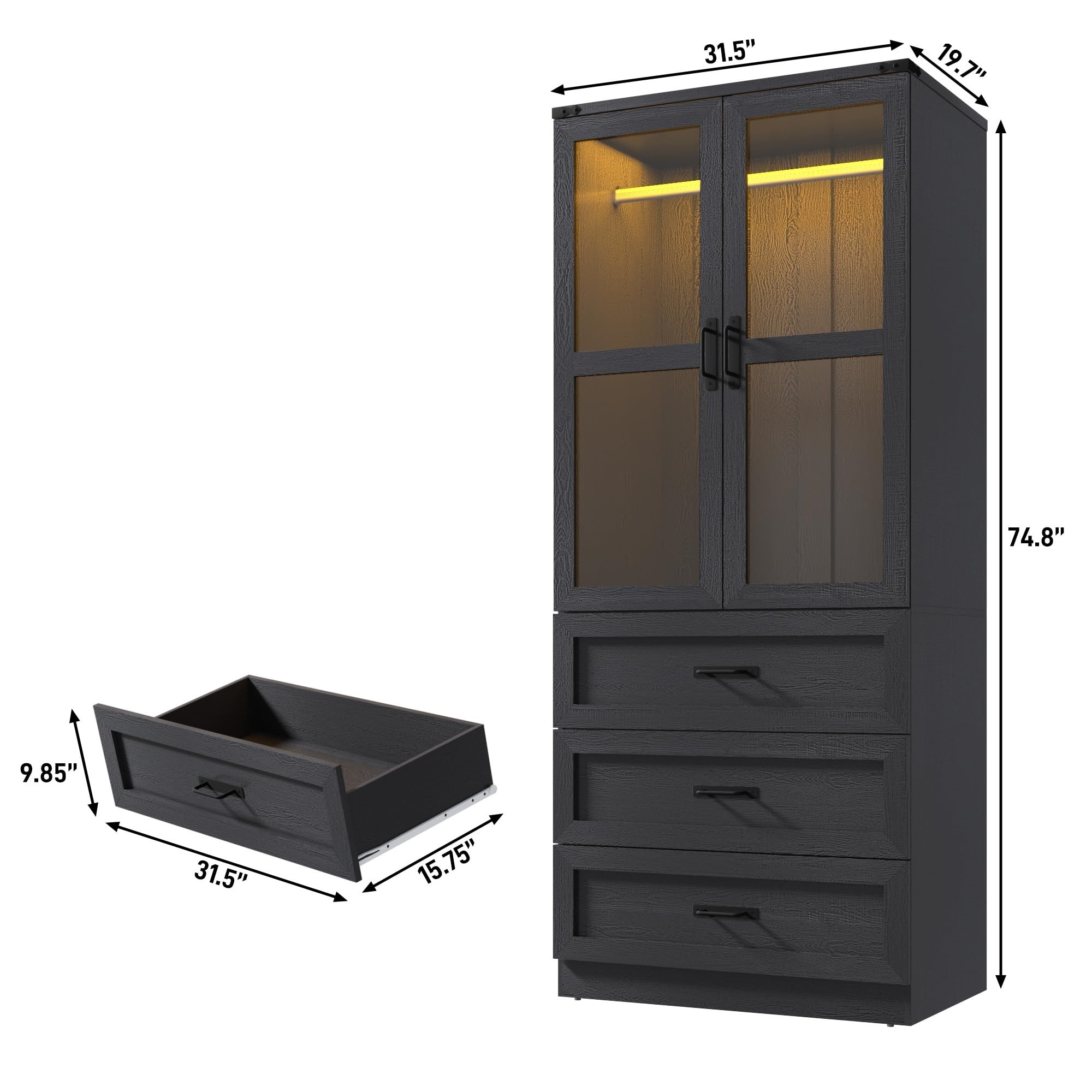 Blotout 75" H Wardrobe Closet with LED Light 3 Drawer