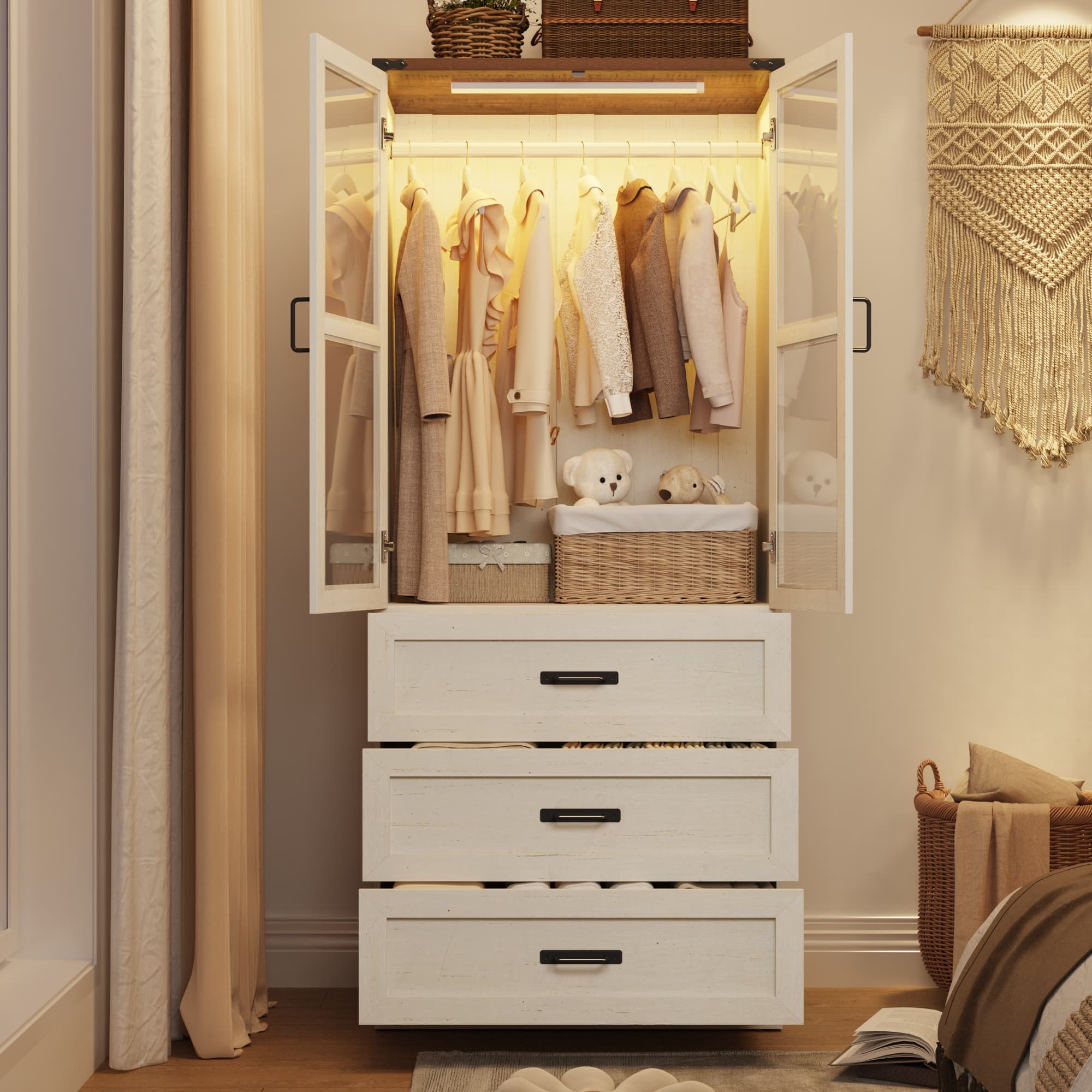 Blotout 75" H Wardrobe Closet with LED Light 3 Drawer