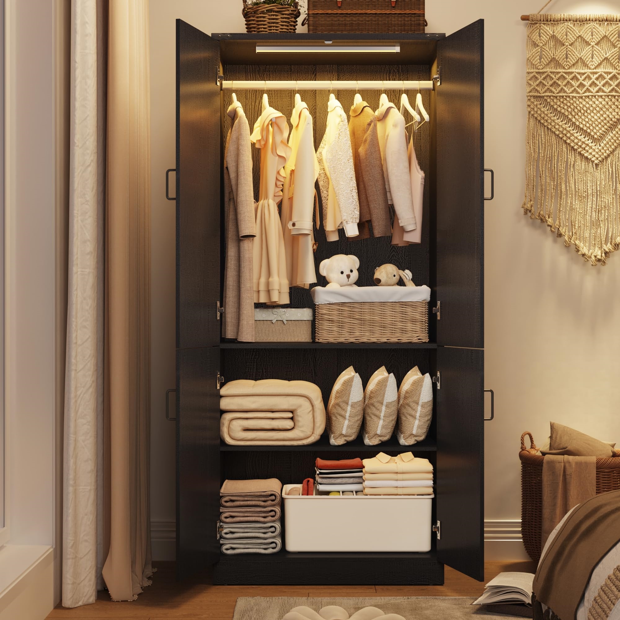 Blotout 75" H Wardrobe Closet with LED Light 3 Drawer