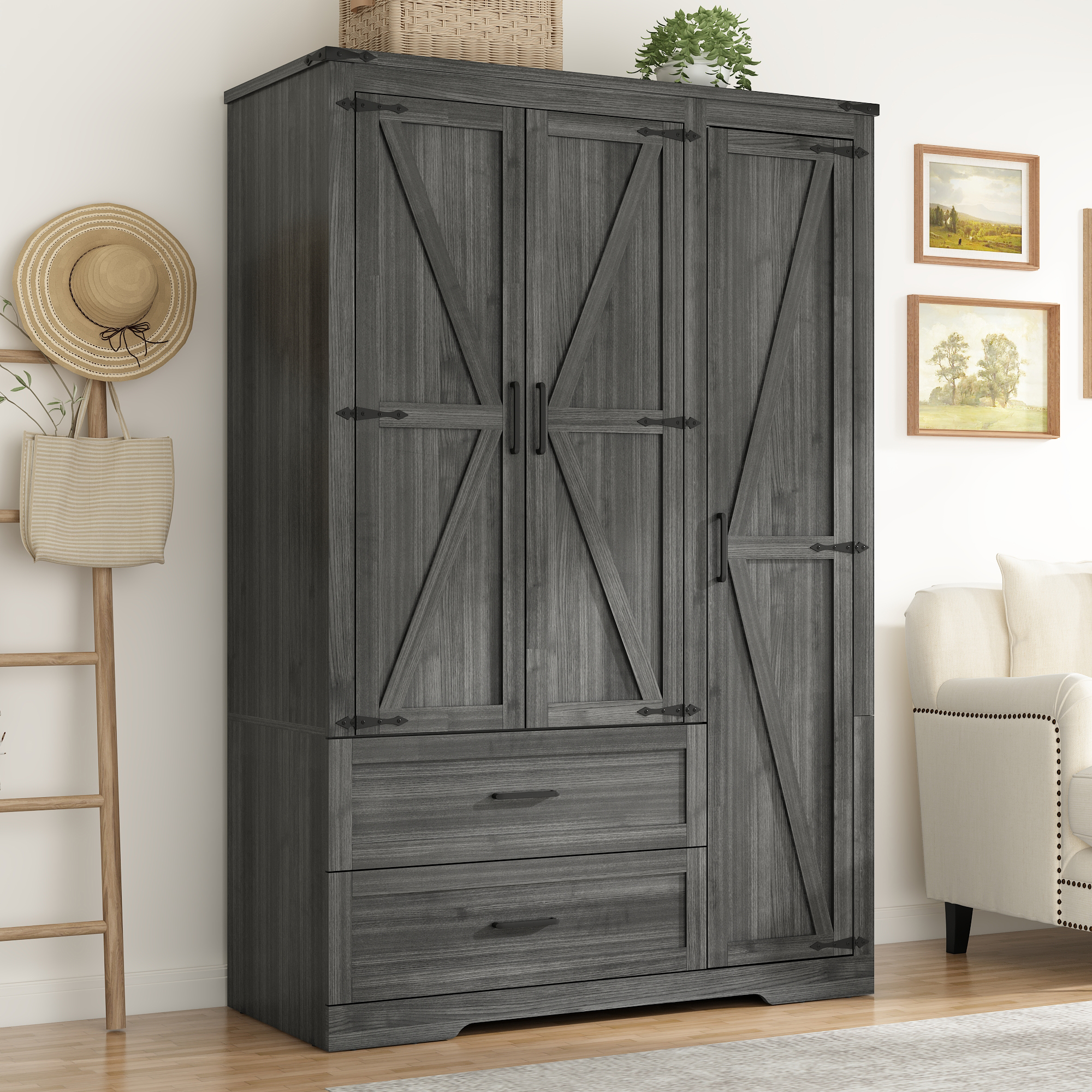 Blotout 2 Door Farmhouse Armoire Wardrobe Closet With 2 Drawers, 70" Tall Wooden Wardrobe Cabinet with Hanging Rod and Adjustable Shelves for Bedroom, White