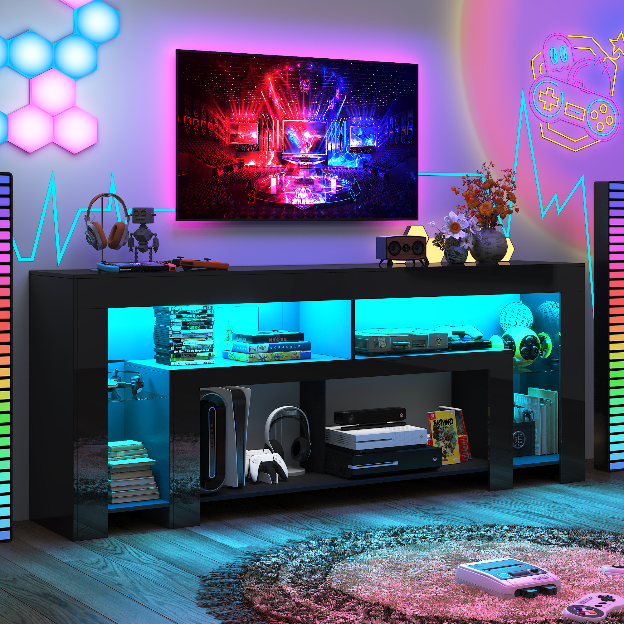 Blotout 94.5''Modern LED TV Stand for 95/100'' TV, High Gloss Entertainment Center with Adjustable Shelves & Open Storage, TV Console with 20 Color Changing Lights for Living Room Bedroom Game Room