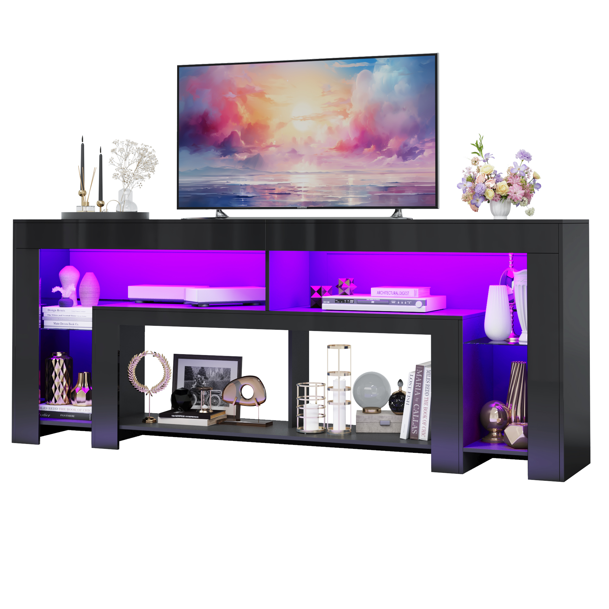 Blotout 94.5''Modern LED TV Stand for 95/100'' TV, High Gloss Entertainment Center with Adjustable Shelves & Open Storage, TV Console with 20 Color Changing Lights for Living Room Bedroom Game Room