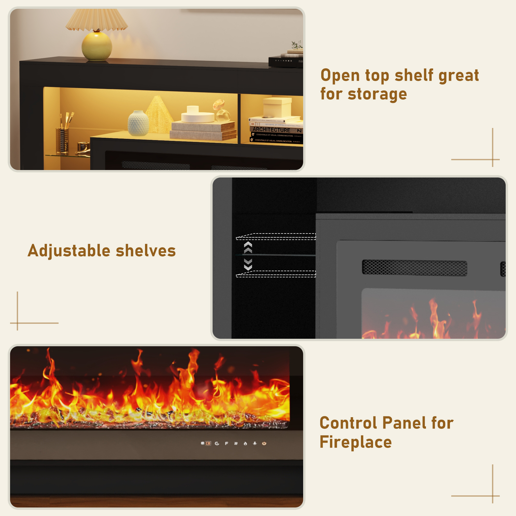 Blotout Fireplace TV Stand for 85/90''TV with 50'' Fireplace, 82'' Modern Entertainment Center LED Lights, 2 Tier TV Console Cabinet Entertainment Center for Living Room, Bedroom