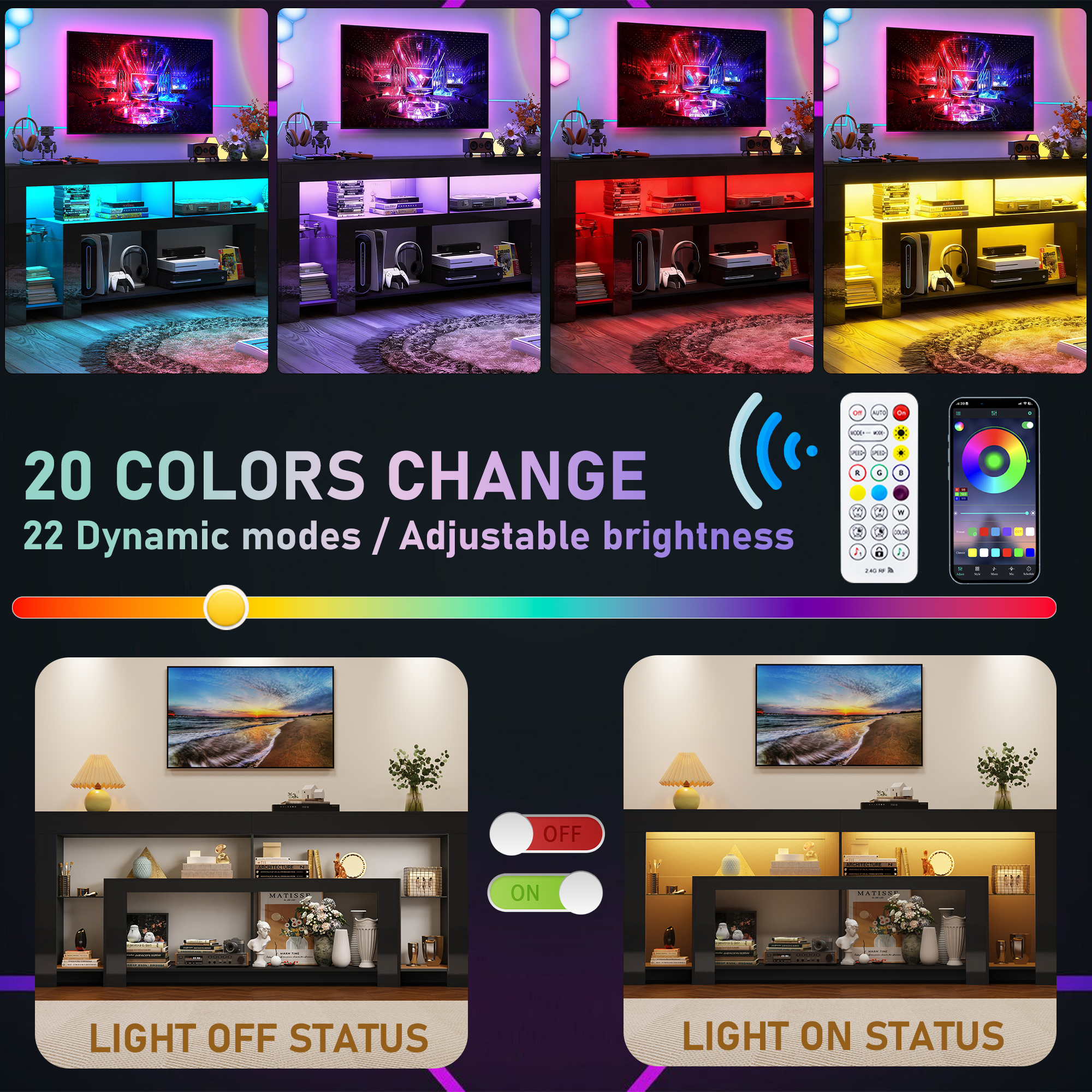 Blotout 94.5''Modern LED TV Stand for 95/100'' TV, High Gloss Entertainment Center with Adjustable Shelves & Open Storage, TV Console with 20 Color Changing Lights for Living Room Bedroom Game Room