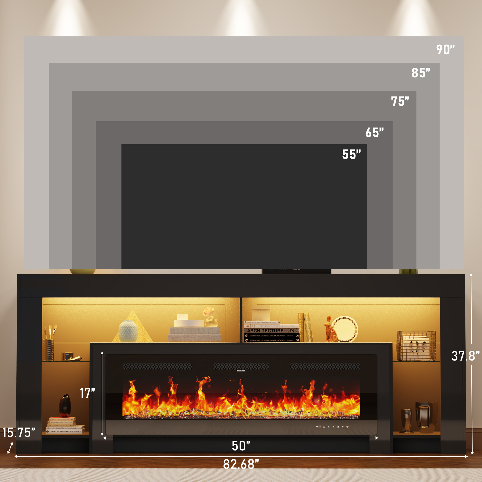 Blotout Fireplace TV Stand for 85/90''TV with 50'' Fireplace, 82'' Modern Entertainment Center LED Lights, 2 Tier TV Console Cabinet Entertainment Center for Living Room, Bedroom