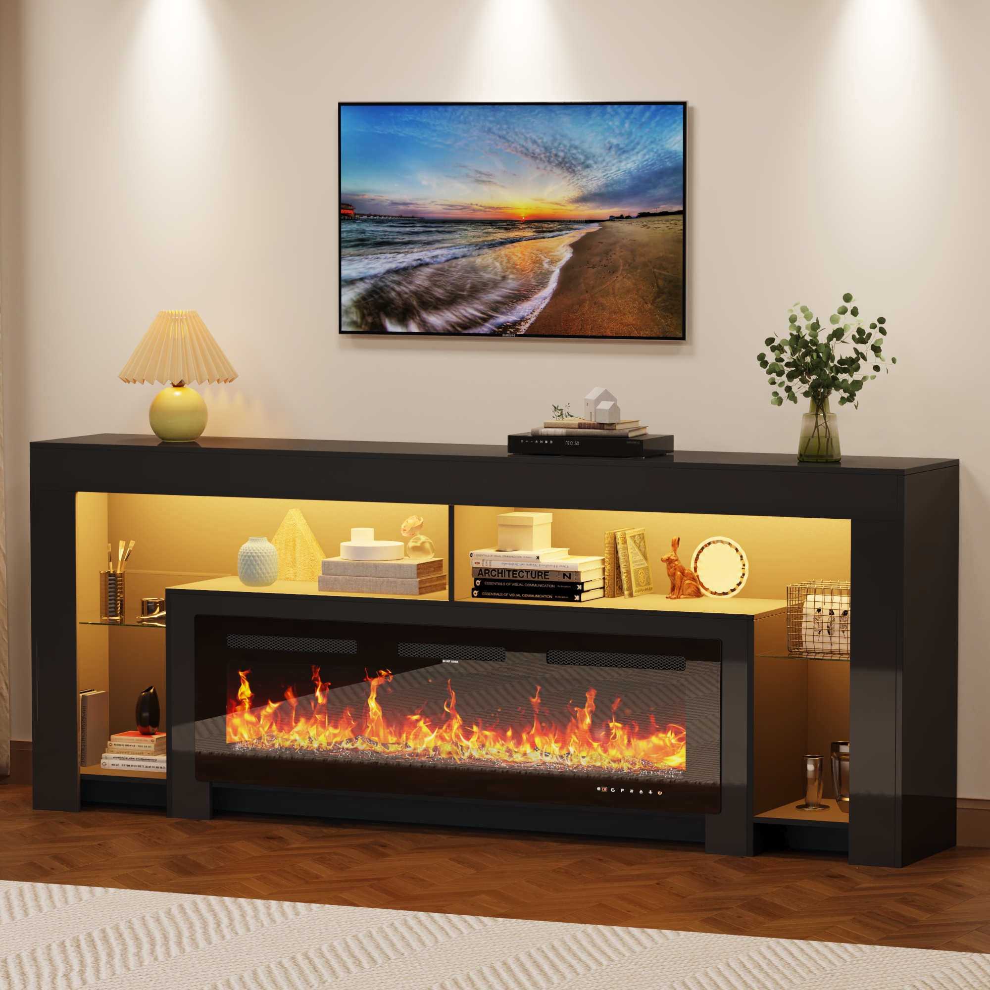 Blotout Fireplace TV Stand for 85/90''TV with 50'' Fireplace, 82'' Modern Entertainment Center LED Lights, 2 Tier TV Console Cabinet Entertainment Center for Living Room, Bedroom