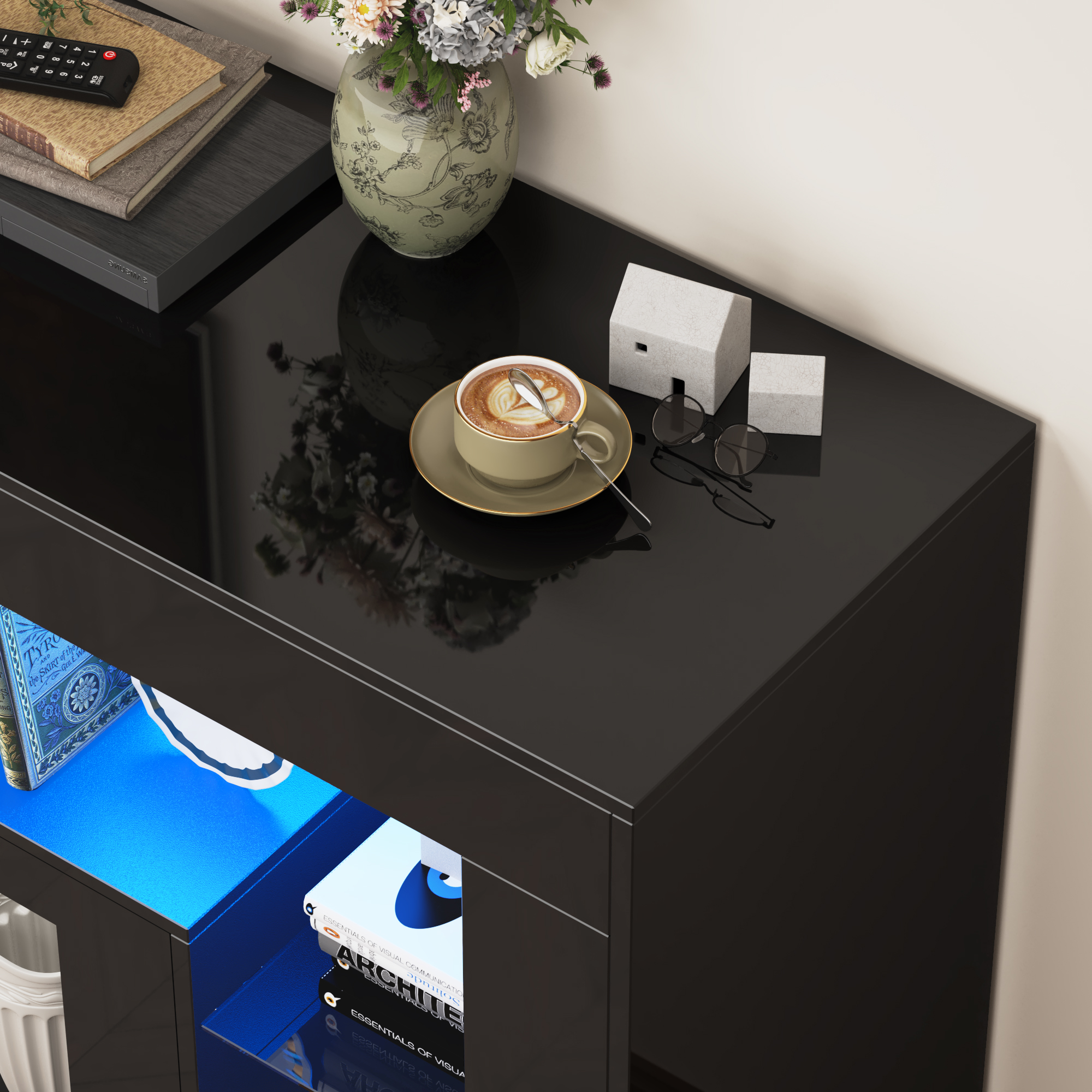 Blotout 94.5''Modern LED TV Stand for 95/100'' TV, High Gloss Entertainment Center with Adjustable Shelves & Open Storage, TV Console with 20 Color Changing Lights for Living Room Bedroom Game Room
