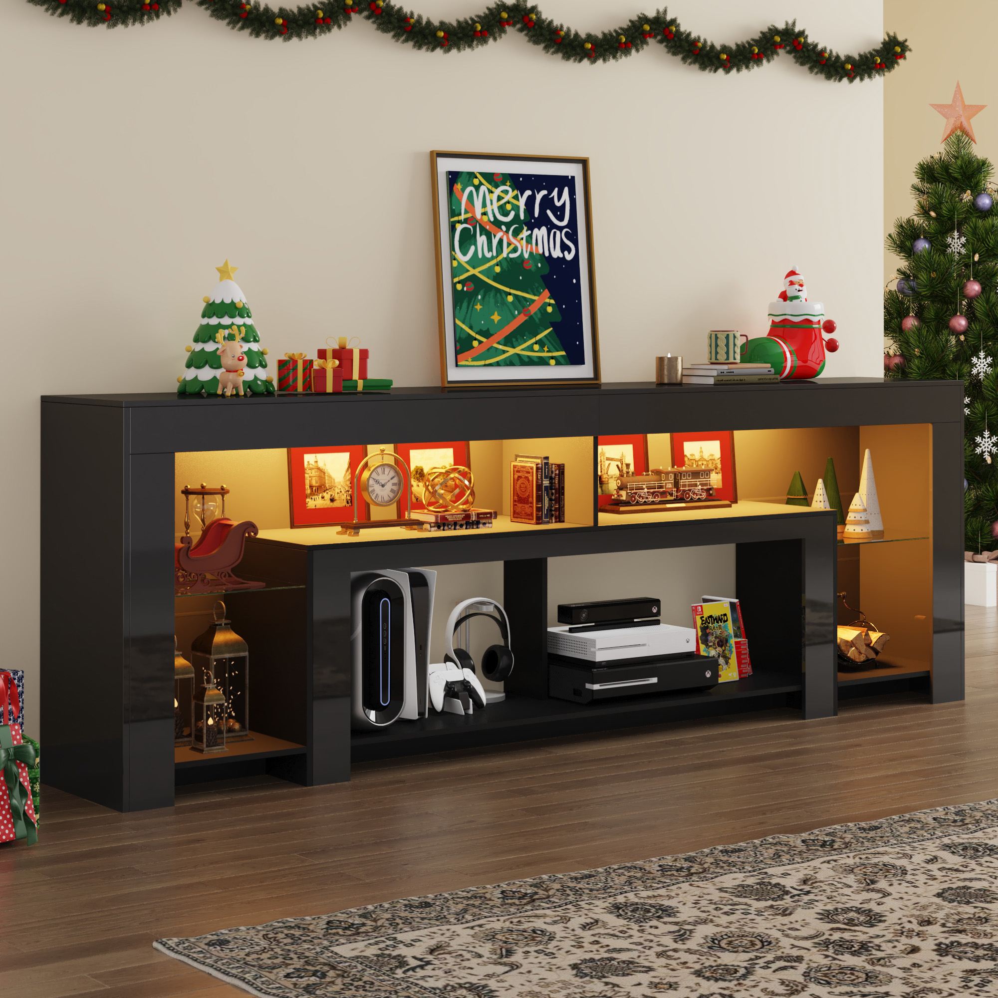 Blotout 94.5''Modern LED TV Stand for 95/100'' TV, High Gloss Entertainment Center with Adjustable Shelves & Open Storage, TV Console with 20 Color Changing Lights for Living Room Bedroom Game Room