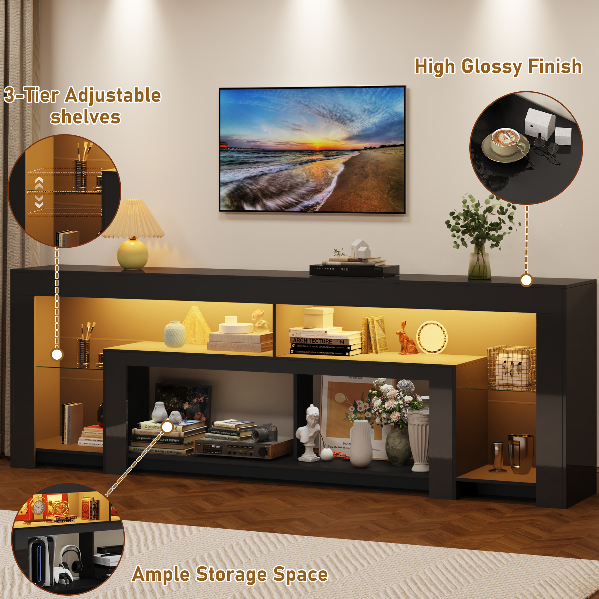 Blotout 94.5''Modern LED TV Stand for 95/100'' TV, High Gloss Entertainment Center with Adjustable Shelves & Open Storage, TV Console with 20 Color Changing Lights for Living Room Bedroom Game Room