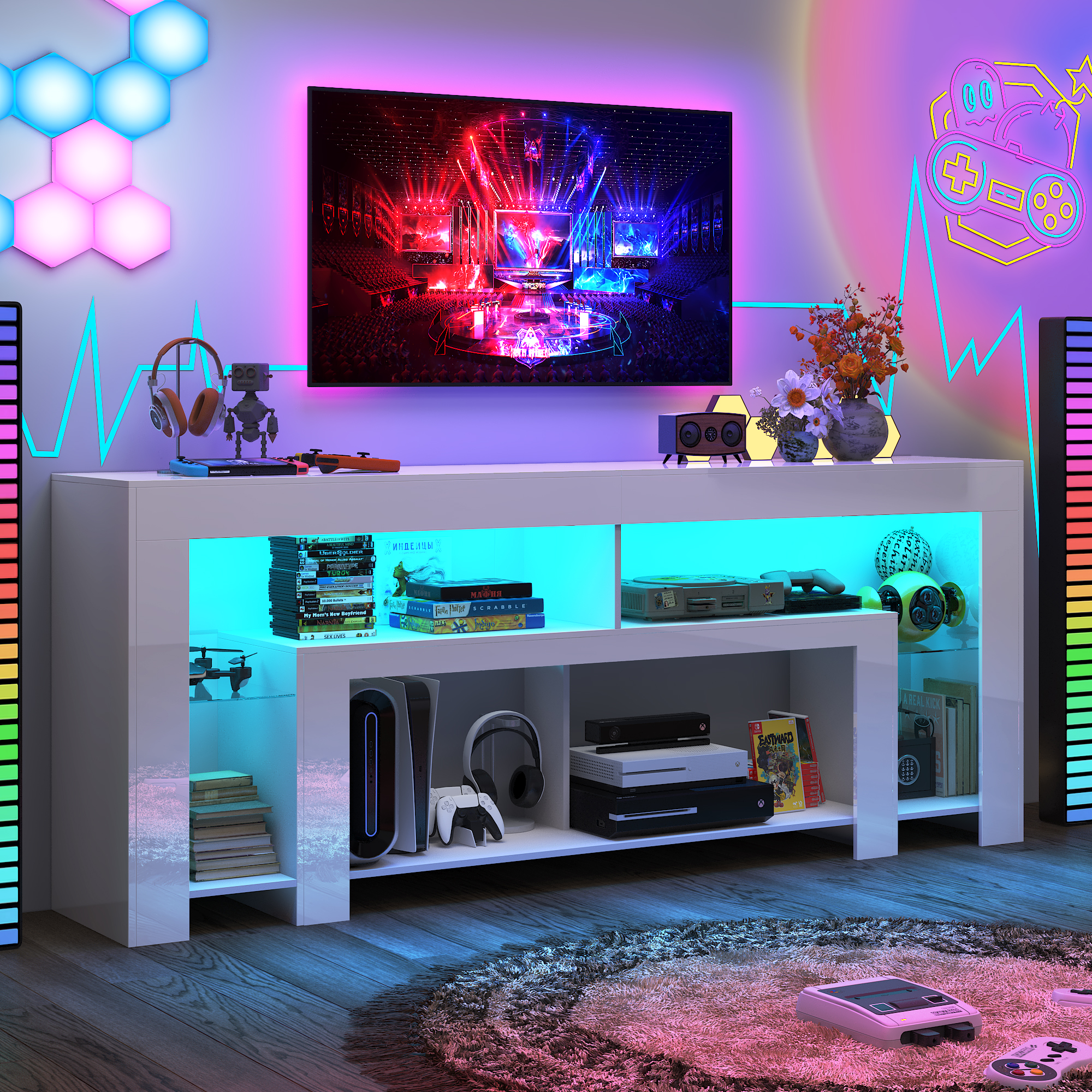 Blotout 94.5''Modern LED TV Stand for 95/100'' TV, High Gloss Entertainment Center with Adjustable Shelves & Open Storage, TV Console with 20 Color Changing Lights for Living Room Bedroom Game Room