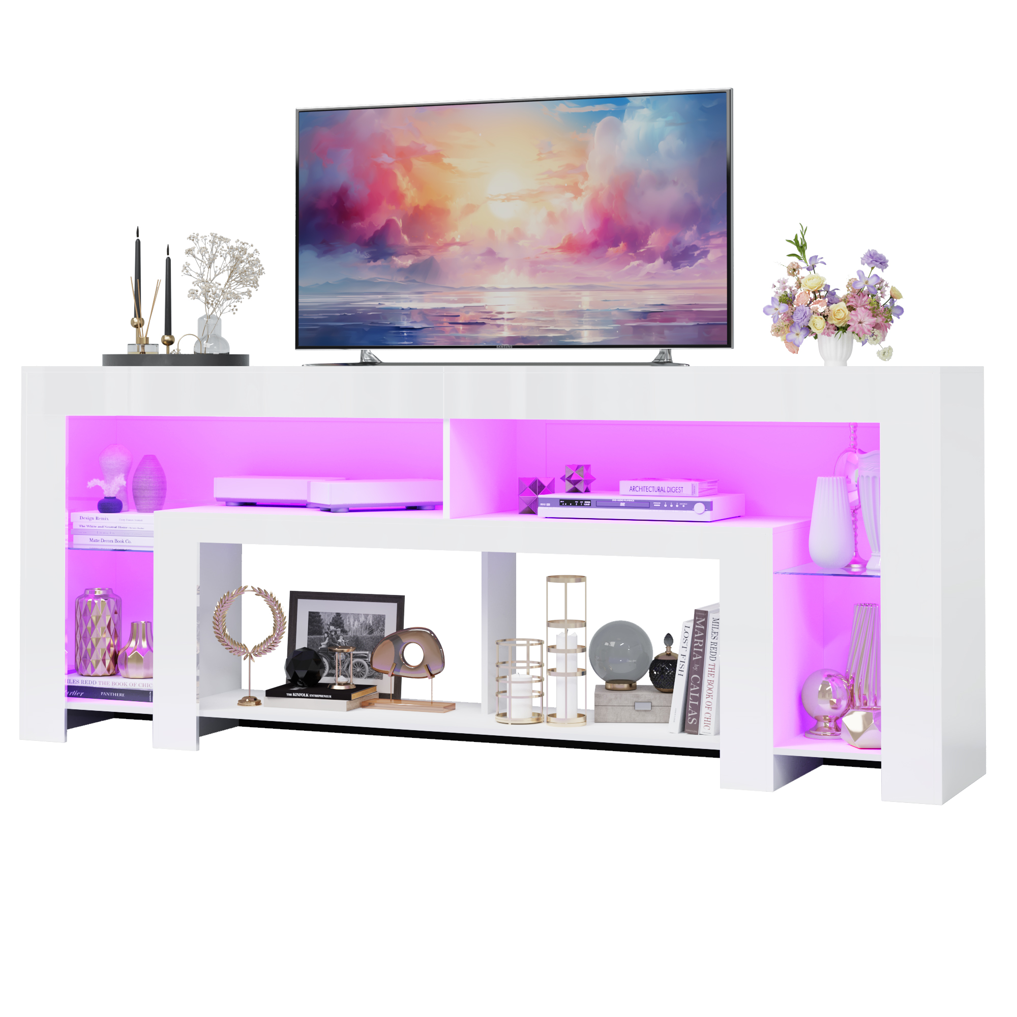 Blotout 94.5''Modern LED TV Stand for 95/100'' TV, High Gloss Entertainment Center with Adjustable Shelves & Open Storage, TV Console with 20 Color Changing Lights for Living Room Bedroom Game Room