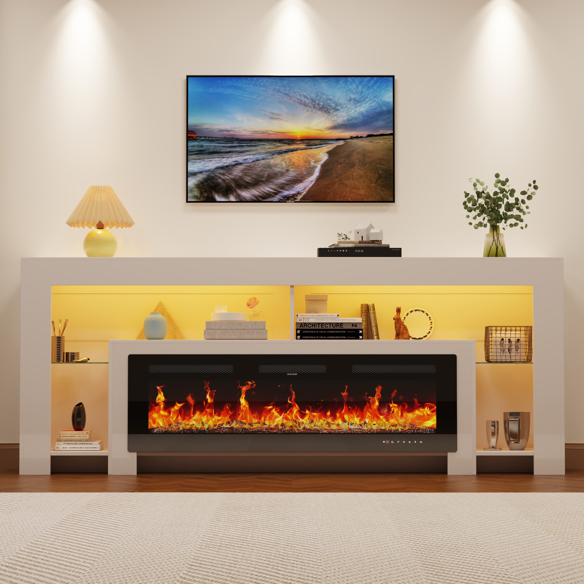 Blotout Fireplace TV Stand for 85/90''TV with 50'' Fireplace, 82'' Modern Entertainment Center LED Lights, 2 Tier TV Console Cabinet Entertainment Center for Living Room, Bedroom