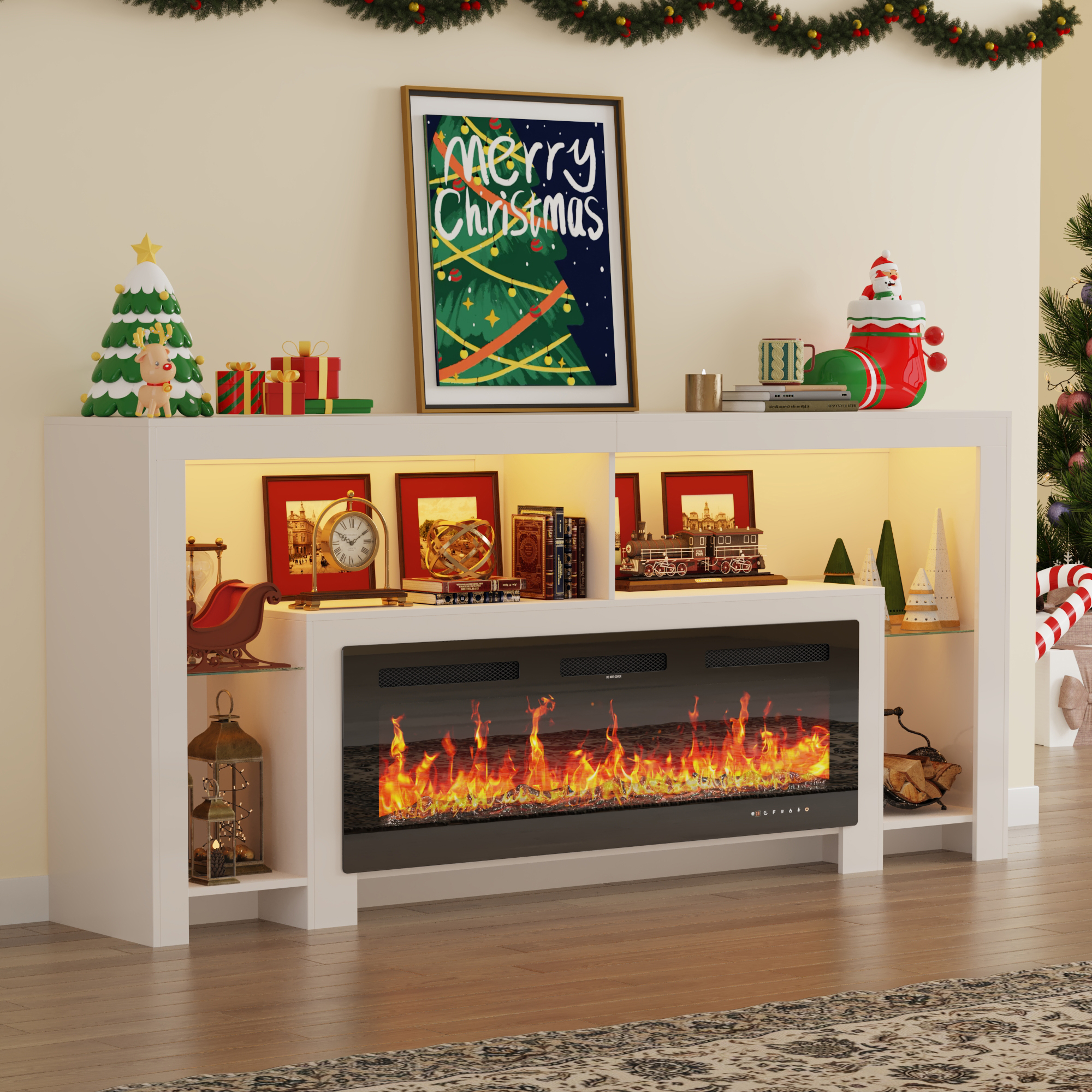 Blotout Fireplace TV Stand for 85/90''TV with 50'' Fireplace, 82'' Modern Entertainment Center LED Lights, 2 Tier TV Console Cabinet Entertainment Center for Living Room, Bedroom