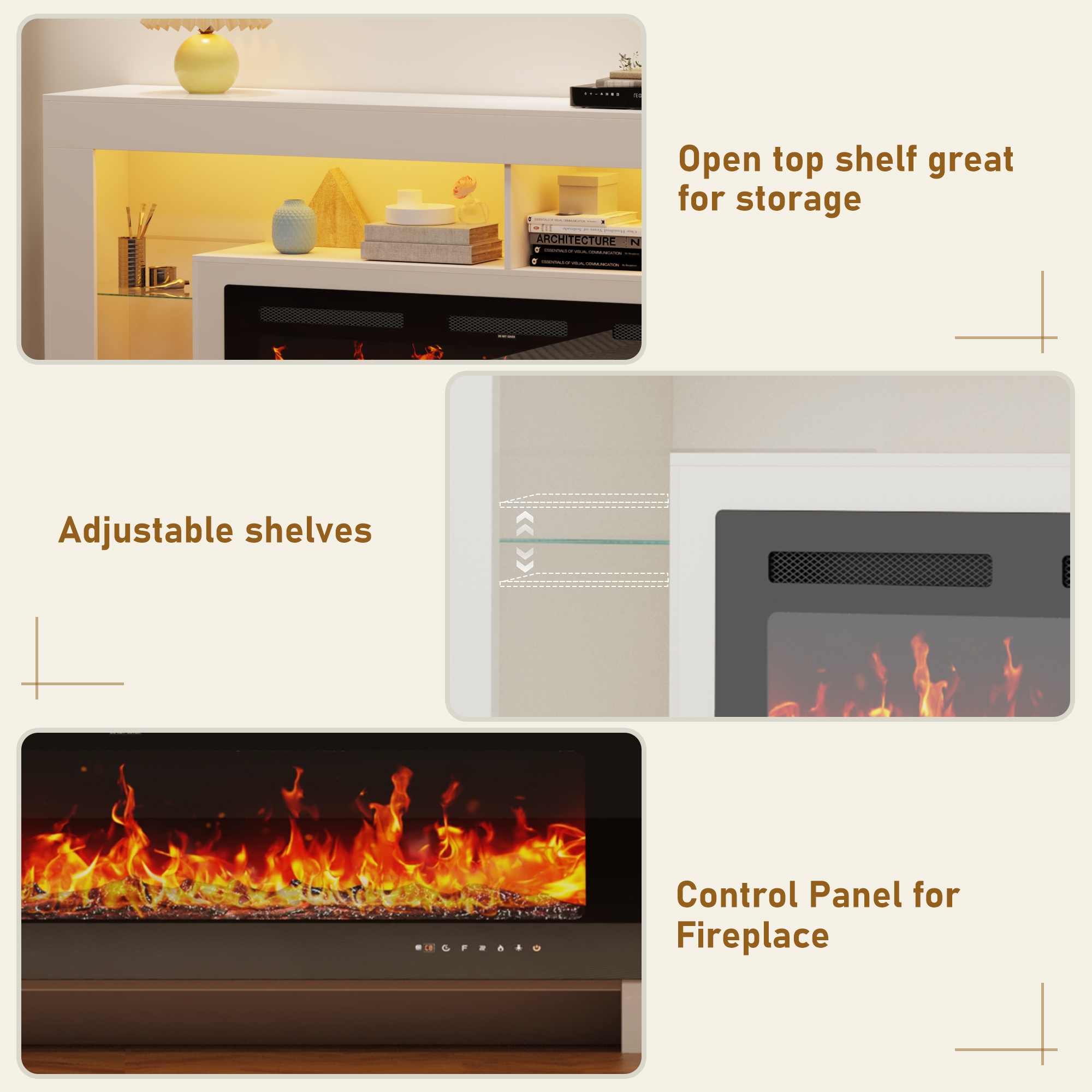 Blotout Fireplace TV Stand for 85/90''TV with 50'' Fireplace, 82'' Modern Entertainment Center LED Lights, 2 Tier TV Console Cabinet Entertainment Center for Living Room, Bedroom