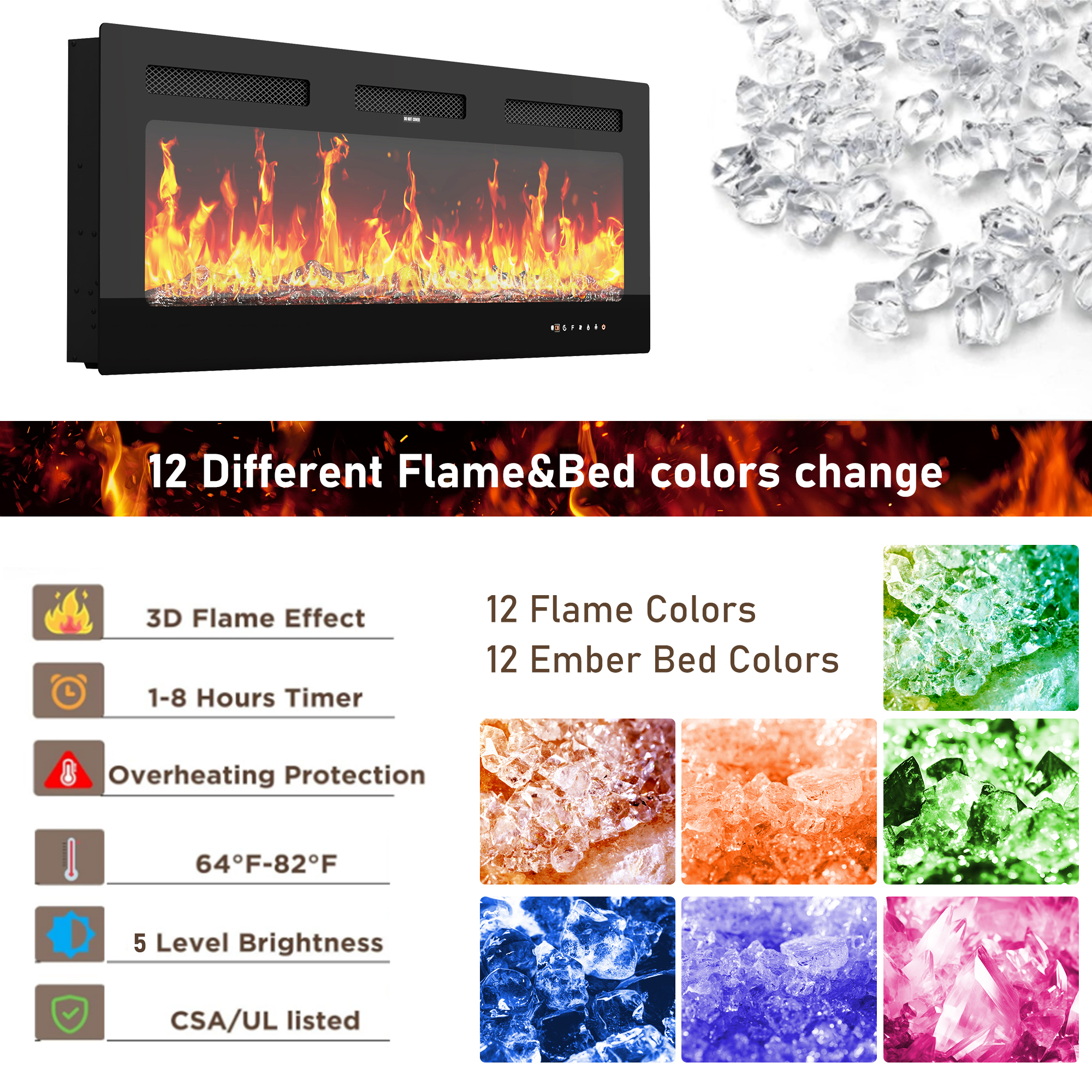 Blotout Fireplace TV Stand for 85/90''TV with 50'' Fireplace, 82'' Modern Entertainment Center LED Lights, 2 Tier TV Console Cabinet Entertainment Center for Living Room, Bedroom