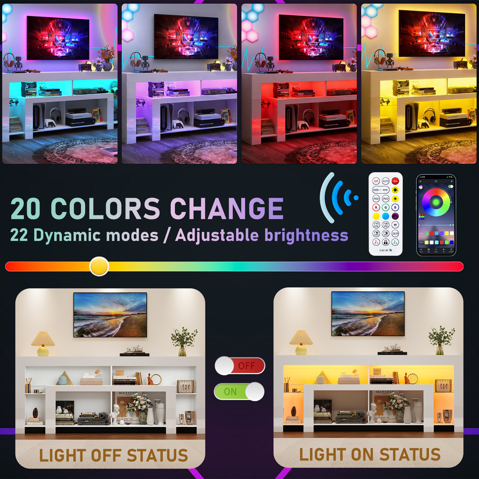 Blotout 94.5''Modern LED TV Stand for 95/100'' TV, High Gloss Entertainment Center with Adjustable Shelves & Open Storage, TV Console with 20 Color Changing Lights for Living Room Bedroom Game Room