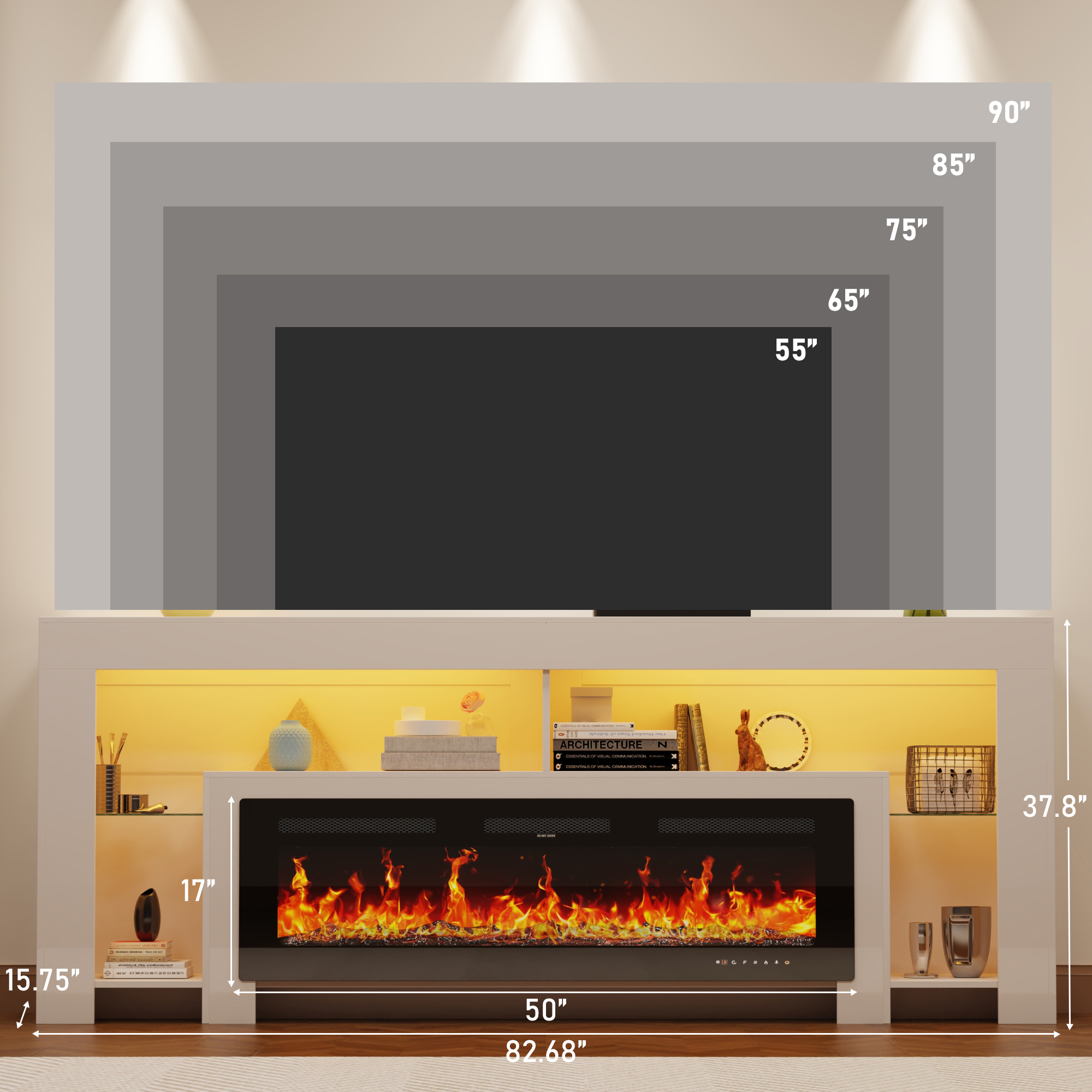 Blotout Fireplace TV Stand for 85/90''TV with 50'' Fireplace, 82'' Modern Entertainment Center LED Lights, 2 Tier TV Console Cabinet Entertainment Center for Living Room, Bedroom