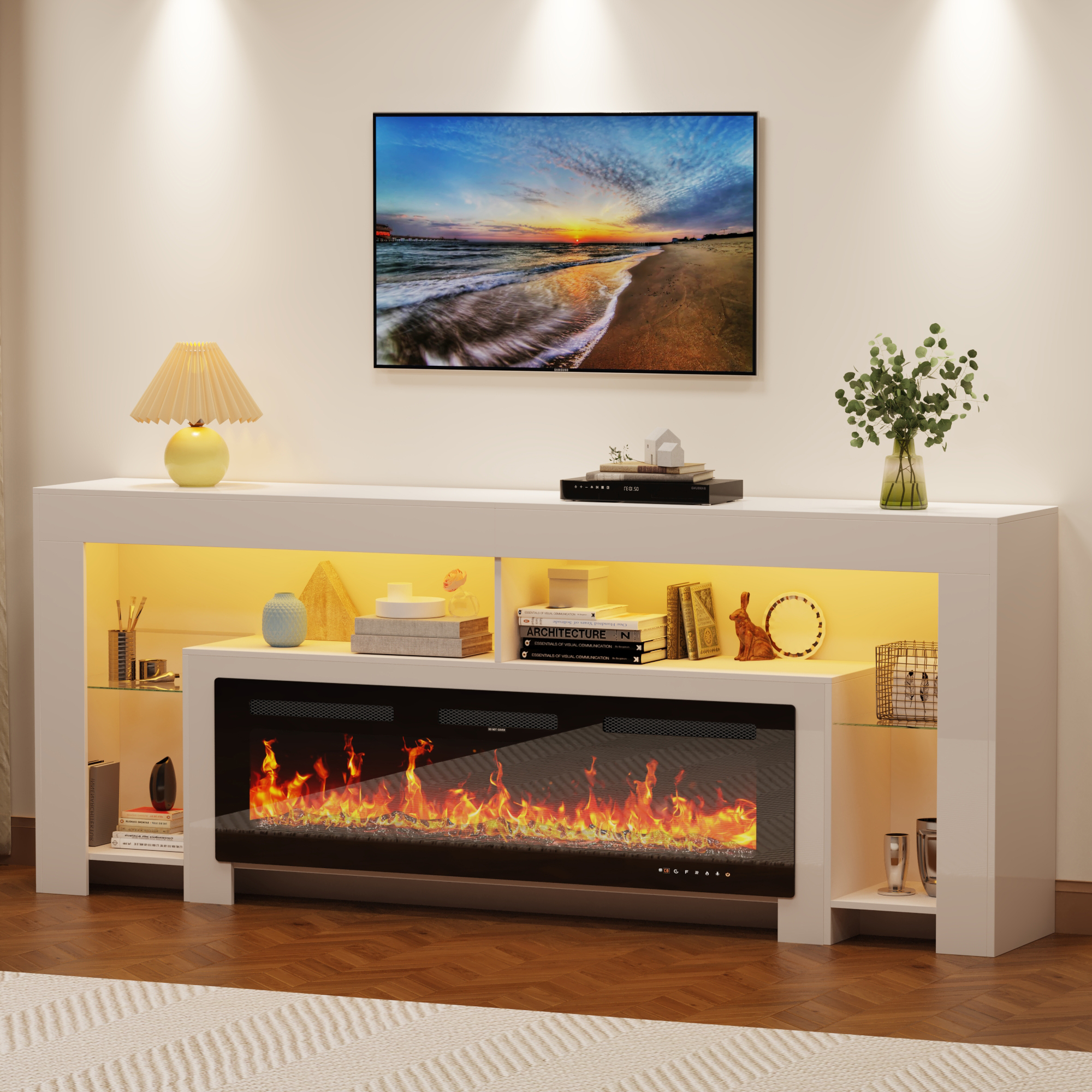 Blotout Fireplace TV Stand for 85/90''TV with 50'' Fireplace, 82'' Modern Entertainment Center LED Lights, 2 Tier TV Console Cabinet Entertainment Center for Living Room, Bedroom