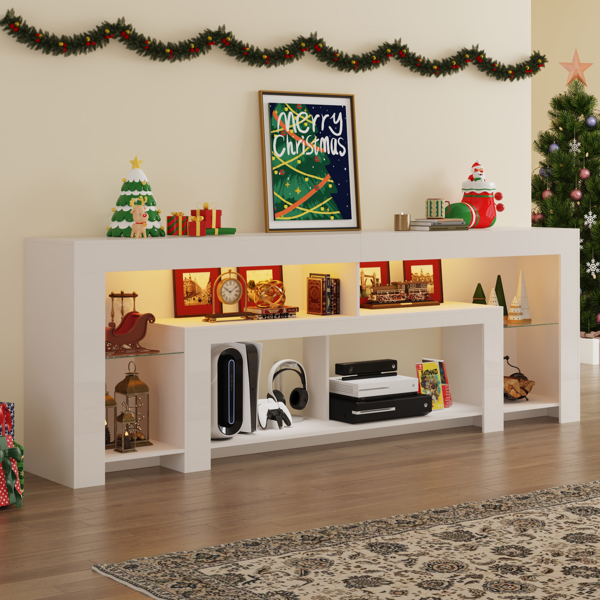 Blotout 94.5''Modern LED TV Stand for 95/100'' TV, High Gloss Entertainment Center with Adjustable Shelves & Open Storage, TV Console with 20 Color Changing Lights for Living Room Bedroom Game Room