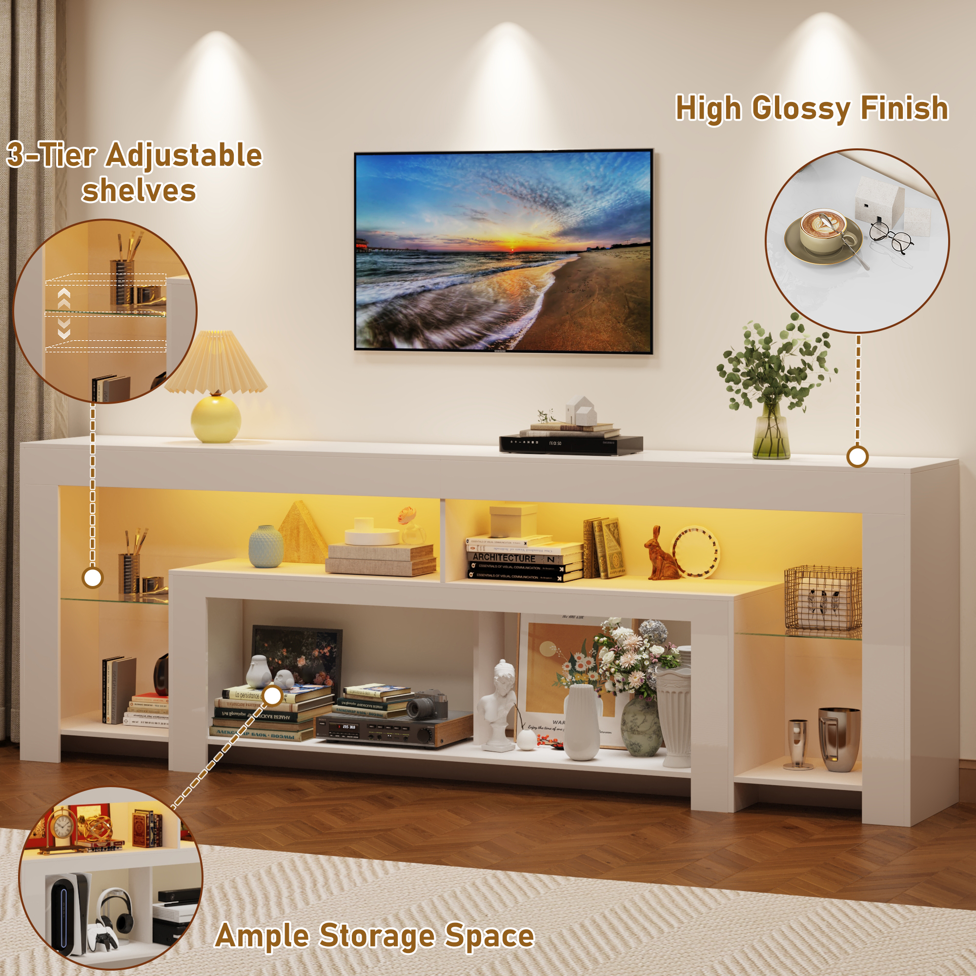 Blotout 94.5''Modern LED TV Stand for 95/100'' TV, High Gloss Entertainment Center with Adjustable Shelves & Open Storage, TV Console with 20 Color Changing Lights for Living Room Bedroom Game Room