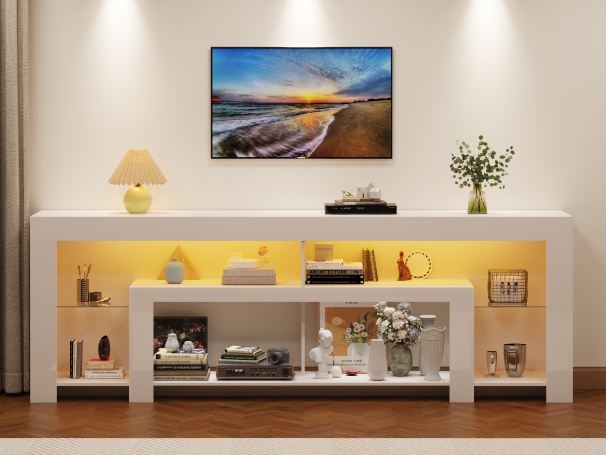 Blotout 94.5''Modern LED TV Stand for 95/100'' TV, High Gloss Entertainment Center with Adjustable Shelves & Open Storage, TV Console with 20 Color Changing Lights for Living Room Bedroom Game Room