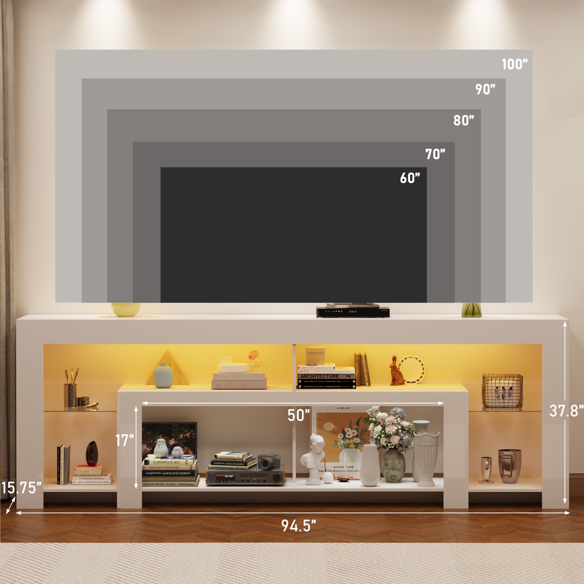 Blotout 94.5''Modern LED TV Stand for 95/100'' TV, High Gloss Entertainment Center with Adjustable Shelves & Open Storage, TV Console with 20 Color Changing Lights for Living Room Bedroom Game Room