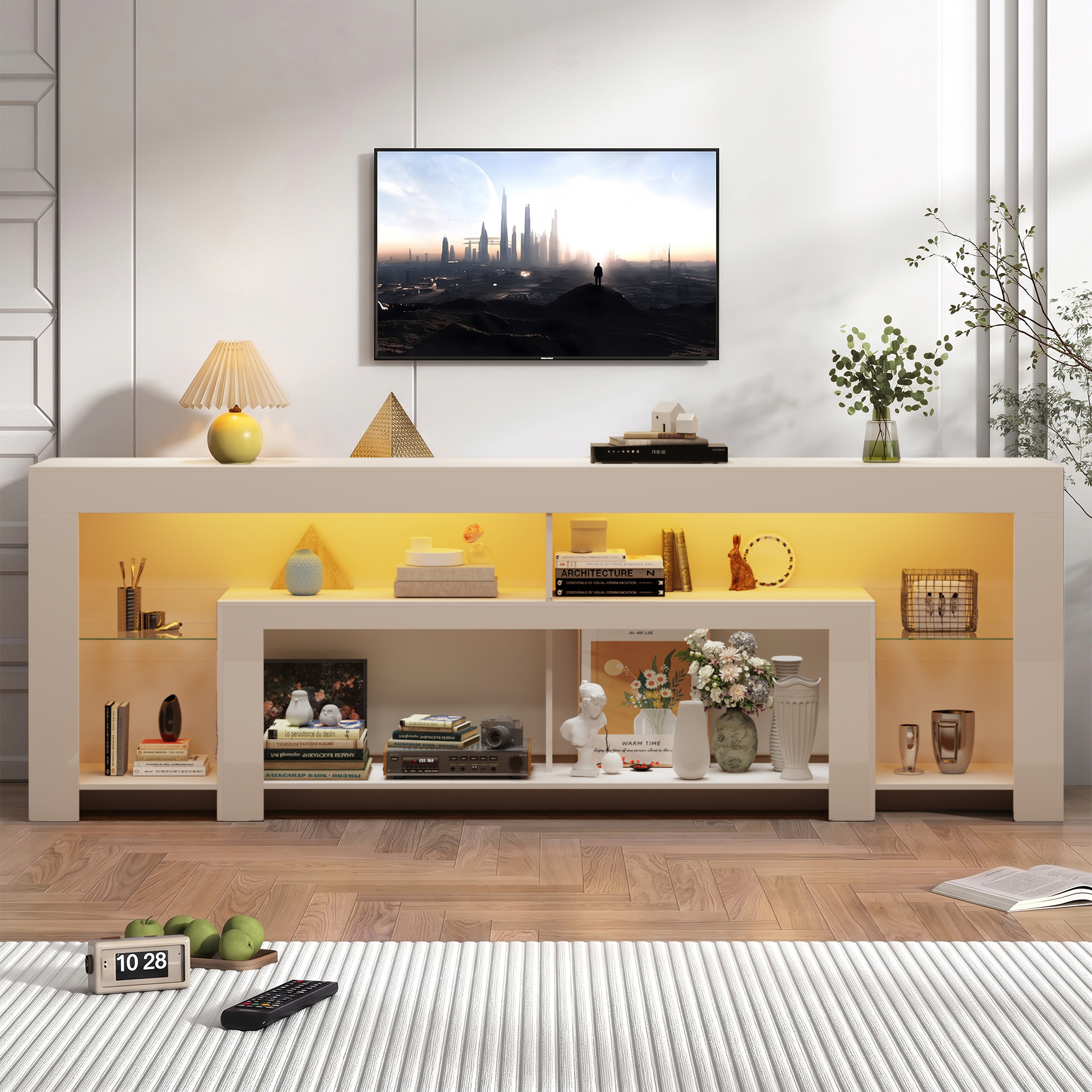 Blotout 94.5''Modern LED TV Stand for 95/100'' TV, High Gloss Entertainment Center with Adjustable Shelves & Open Storage, TV Console with 20 Color Changing Lights for Living Room Bedroom Game Room
