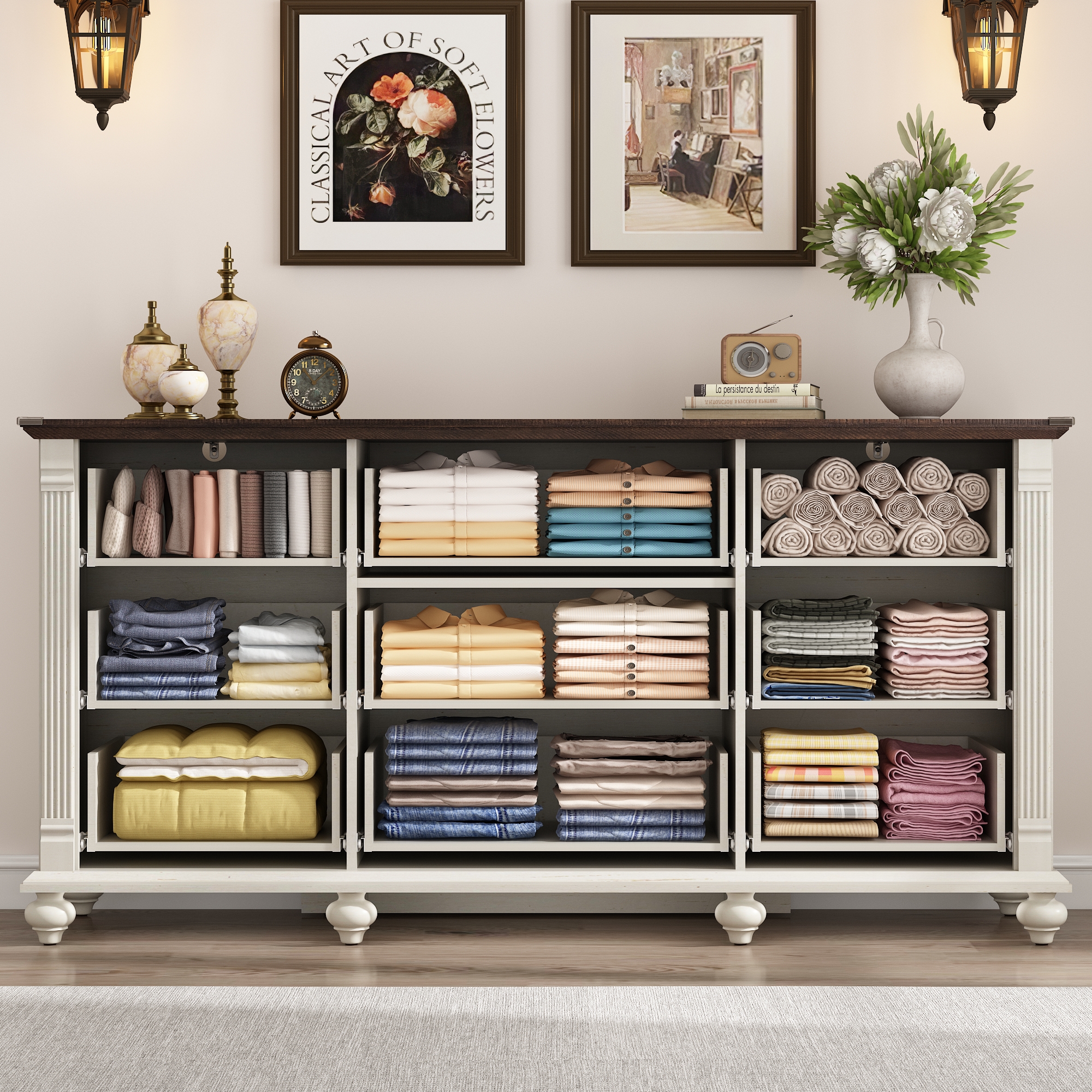 Blotout Farmhouse 9 Drawers Dresser, 63" Mid-Century Rustic Chest of Drawers, Solid Wood Feet, Line Column Decor and Cutout Handle for Bedroom, Living Room, Hallway, Entryway